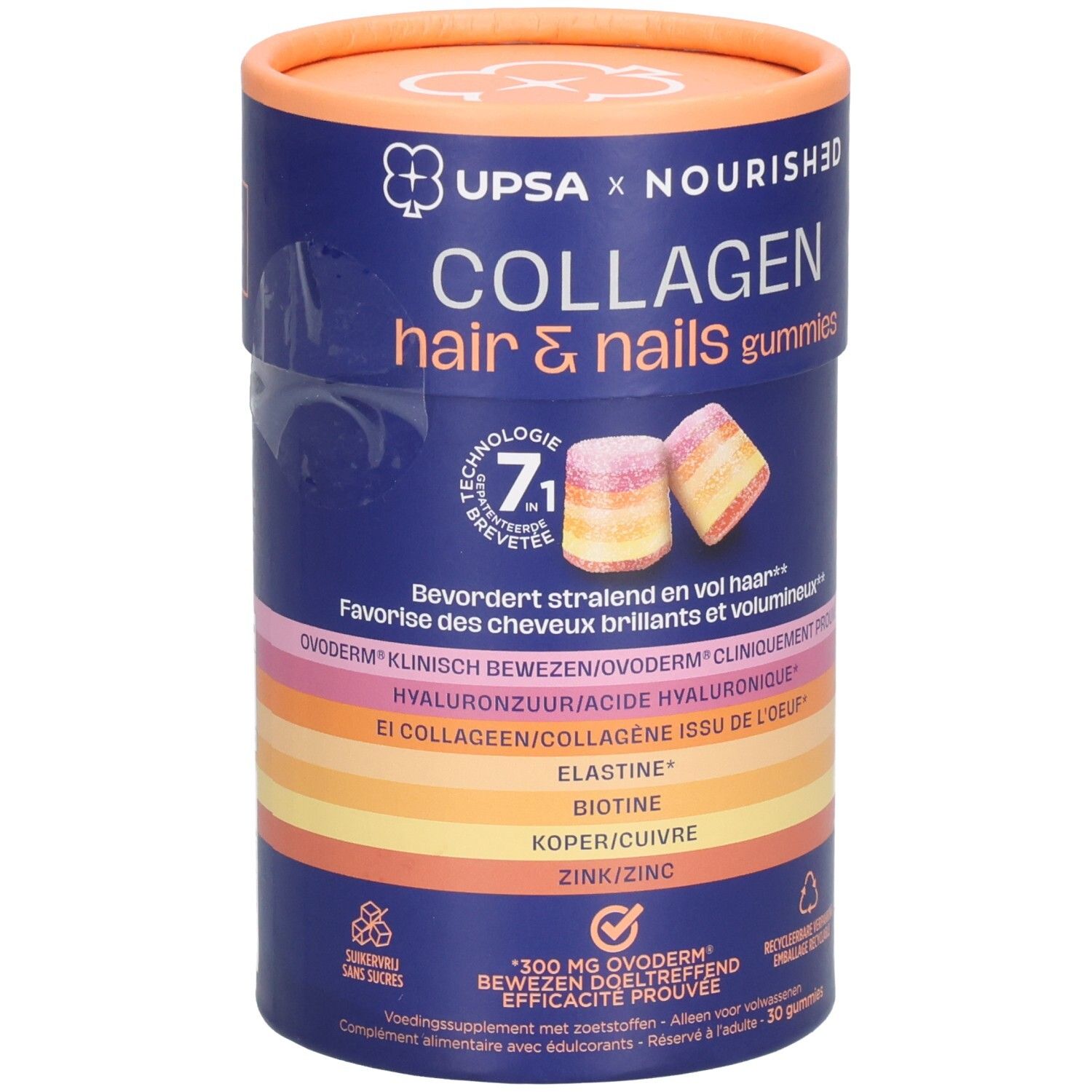 Zylindrische Dose mit UPSA x Nourished Collagen Hair & Nails Gummies. Enthält 30 Gummies. Aufschrift: 7.1 Technologie.