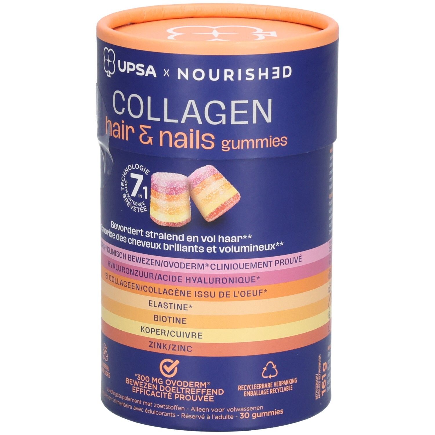 Zylindrische Dose mit UPSA x Nourished Collagen Hair & Nails Gummies. Enthält 30 Gummies. Aufschrift: 7.1 Technologie.