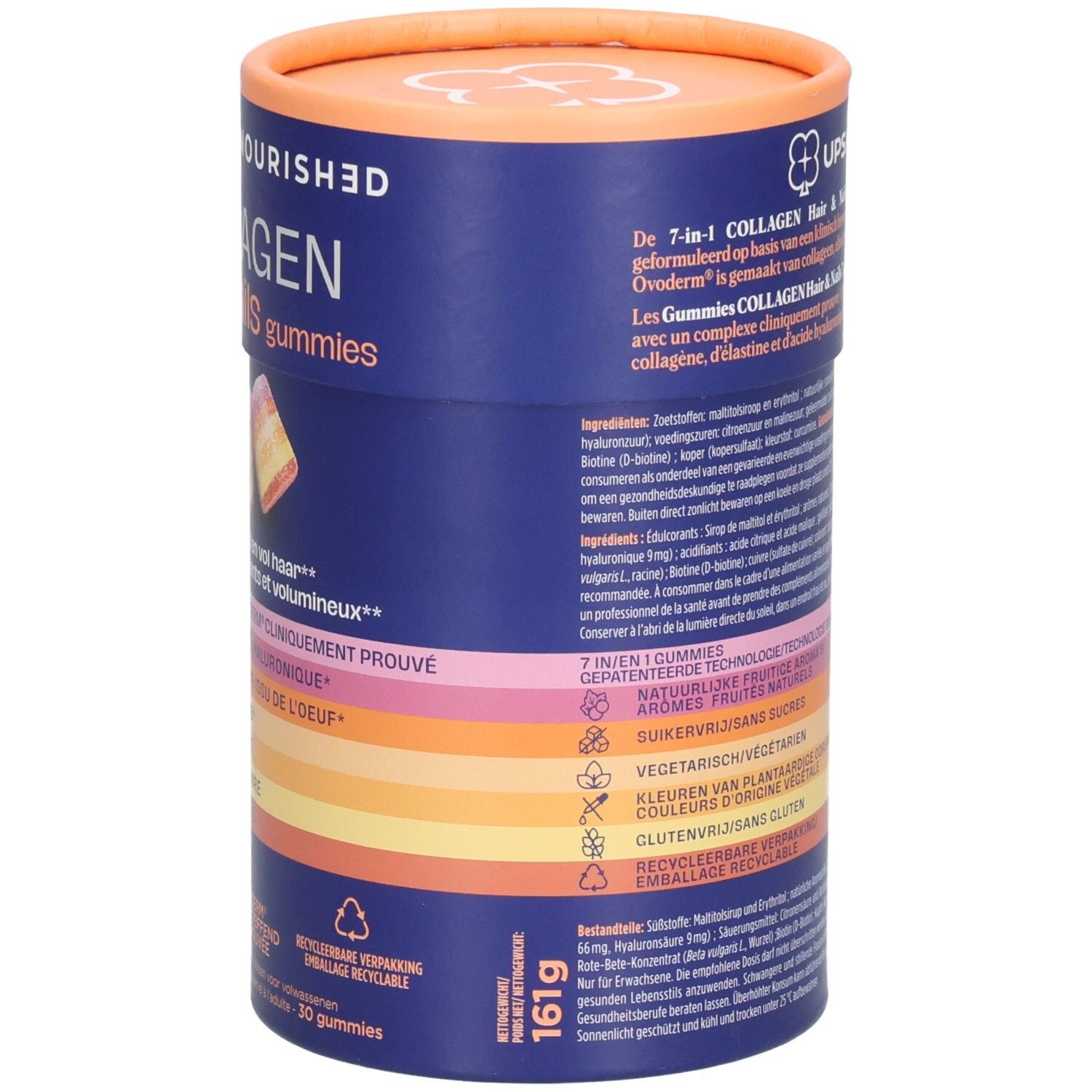 Rückseite der zylindrischen Dose. Enthält Informationen zu Inhaltsstoffen und Nährwerten. Aufschrift: 7-in-1 Collagen Hair & Nails Gummies.