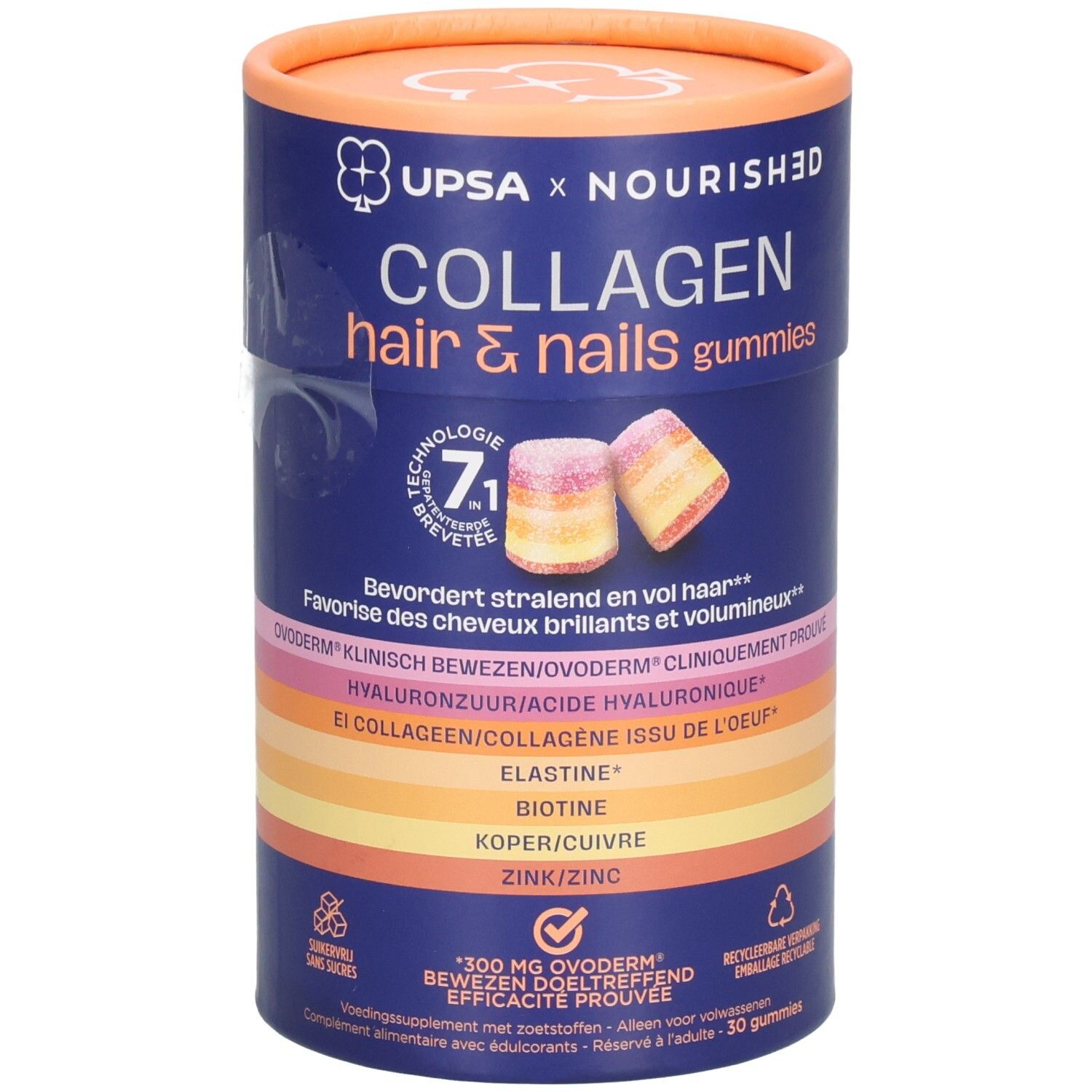 Zylindrische Dose mit UPSA x Nourished Collagen Hair & Nails Gummies. Enthält 30 Gummies. Aufschrift: 7.1 Technologie.