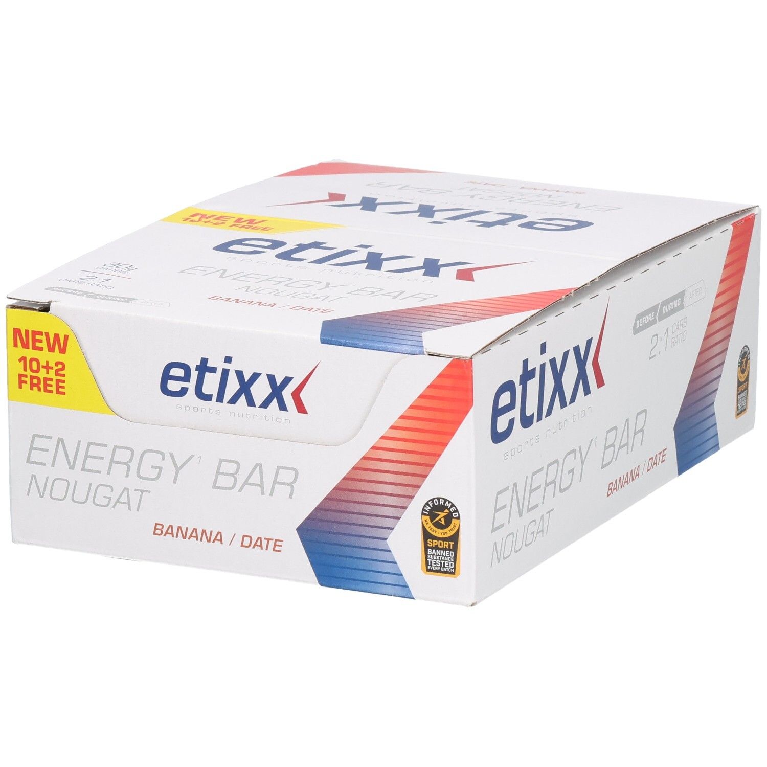 Etixx Energy Bar Nougat Banana/Date. Kartonverpackung mit 10+2 gratis. Sport-Zertifizierung.