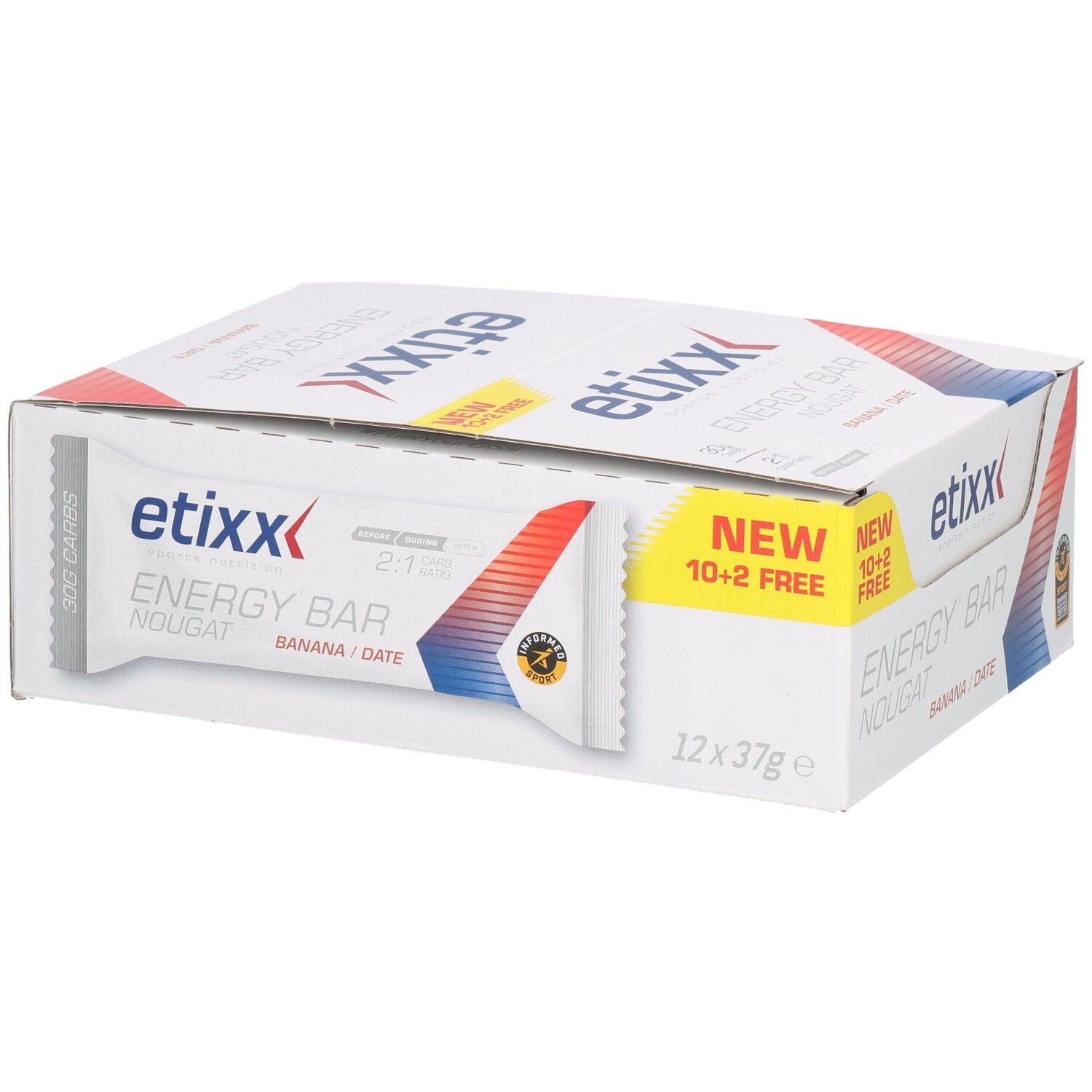 Etixx Energy Bar Nougat Banana/Date. Einzelne Riegel in der Schachtel. 10+2 gratis.