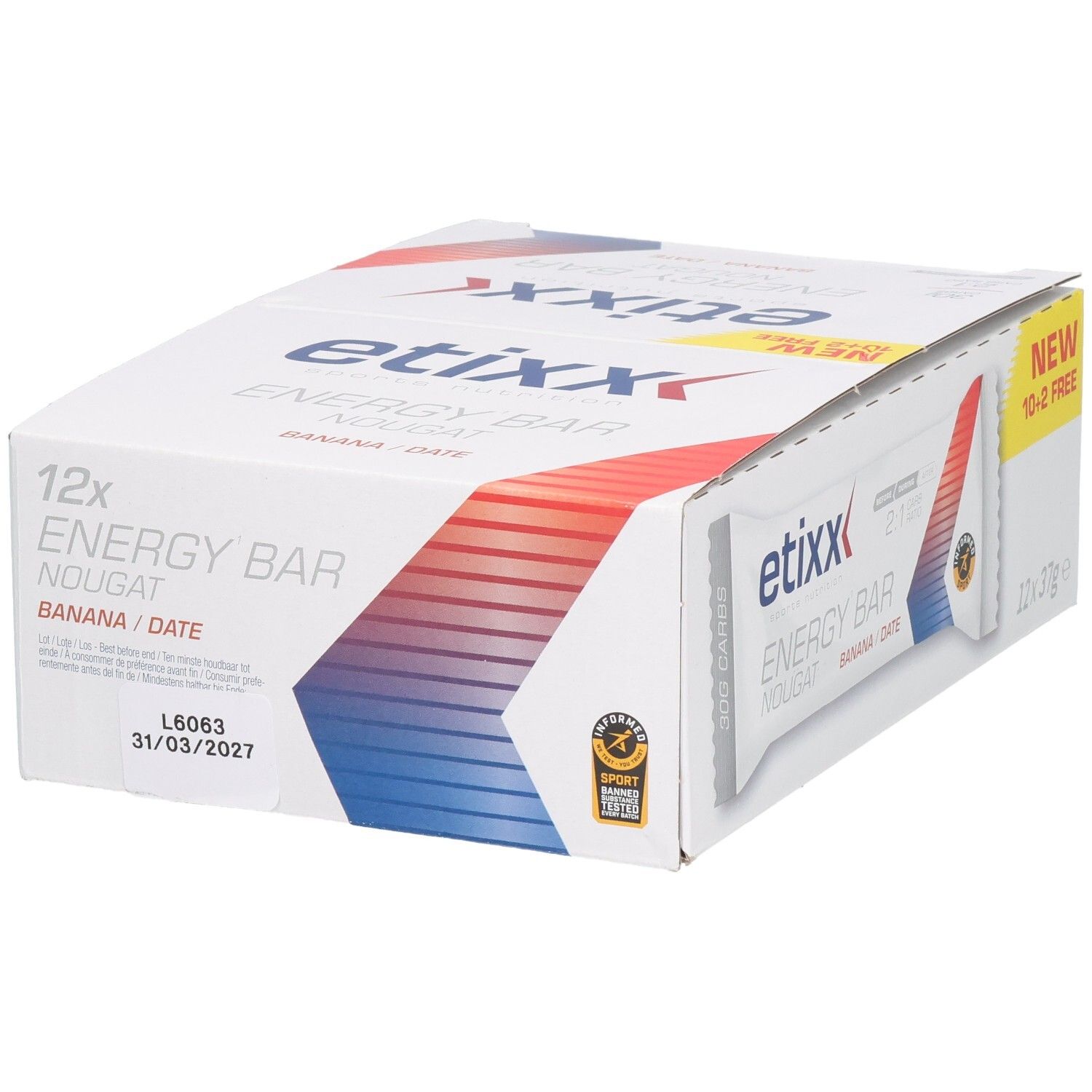 Etixx Energy Bar Nougat Banana/Date. 12 Riegel in der Schachtel. MHD 31/03/2027.