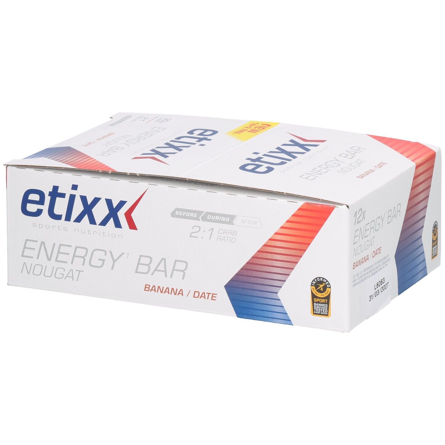 Etixx Energy Bar Nougat Banana/Date. 12 Riegel in der Schachtel. 2:1 Kohlenhydrate.