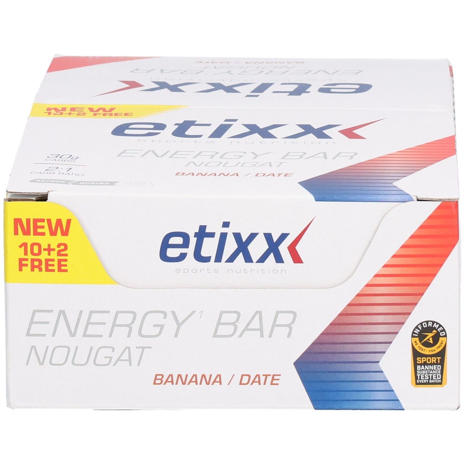 Etixx Energy Bar Nougat Banana/Date. Schachtel mit 10+2 gratis. Sport-Zertifizierung.
