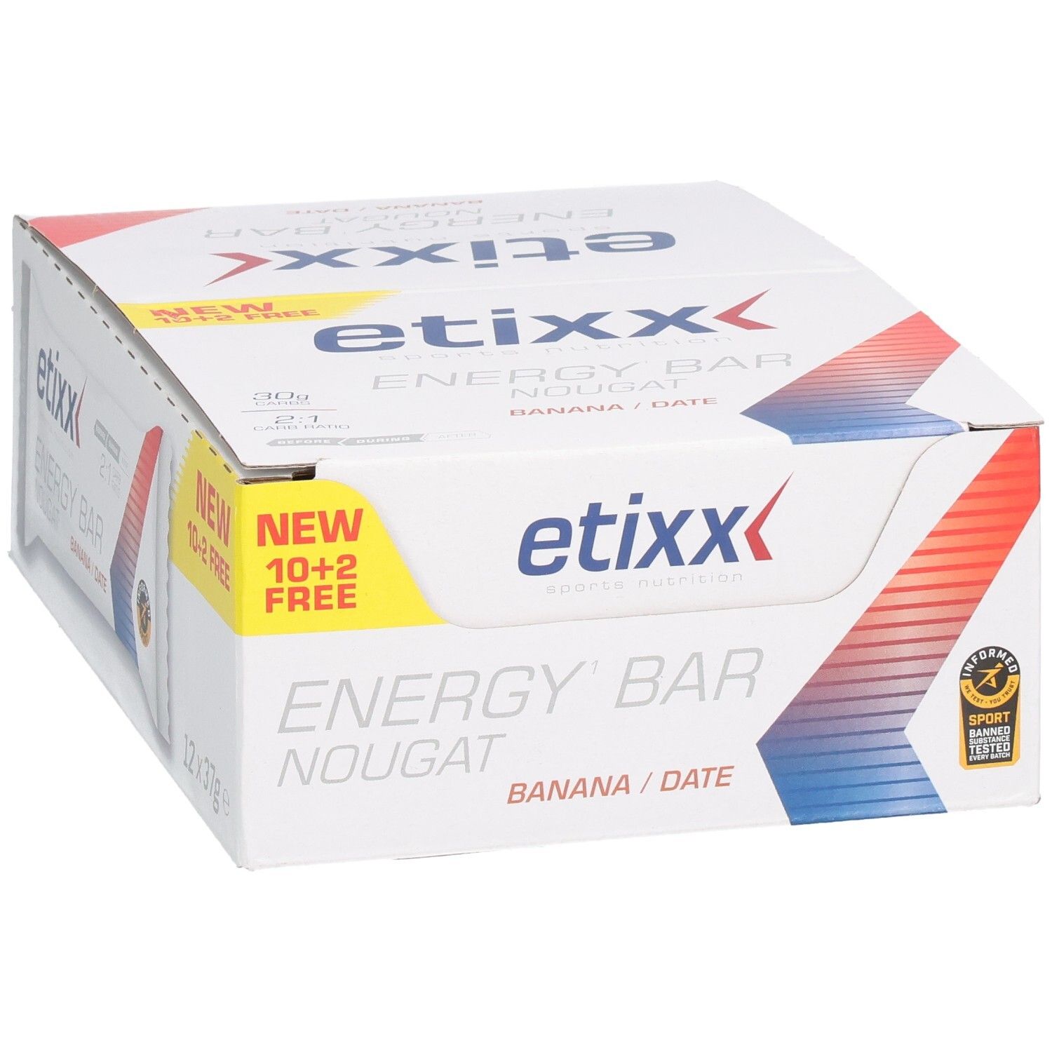 Etixx Energy Bar Nougat Banana/Date. Schachtel mit 10+2 gratis. 12 Riegel.