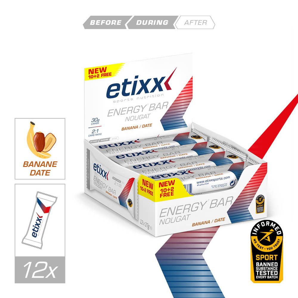 Etixx Energy Bar Nougat Banane/Dattel in einer Verpackung.