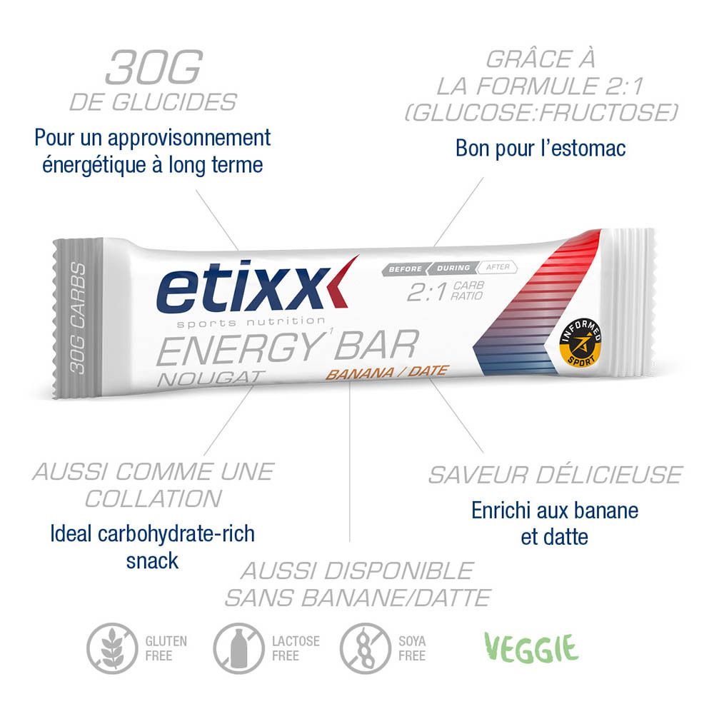 Etixx Energy Bar Nougat Banane/Dattel in einer Verpackung.