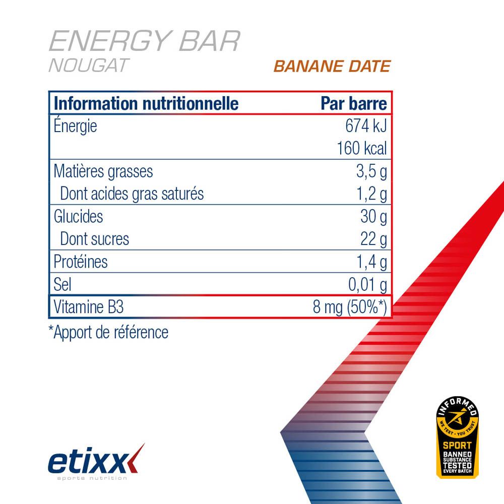 Etixx Energy Bar Nougat Banane Dattel Nährwertangaben pro Riegel: Energie 160 kcal, Fett 3,5g, Kohlenhydrate 30g, Protein 1,4g, Vitamin B3 8mg.