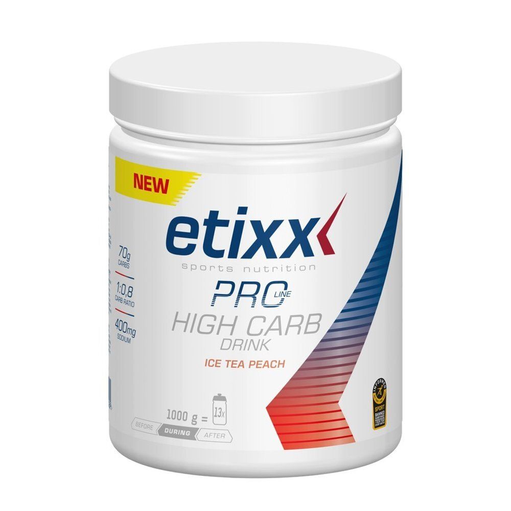 Pot blanc Etixx Pro Line High Carb Drink Eistee Pfirsich. Inscription "NEW". Contient 70g glucides, 1:0.8 ratio, 400mg sodium. Avec certification sportive.