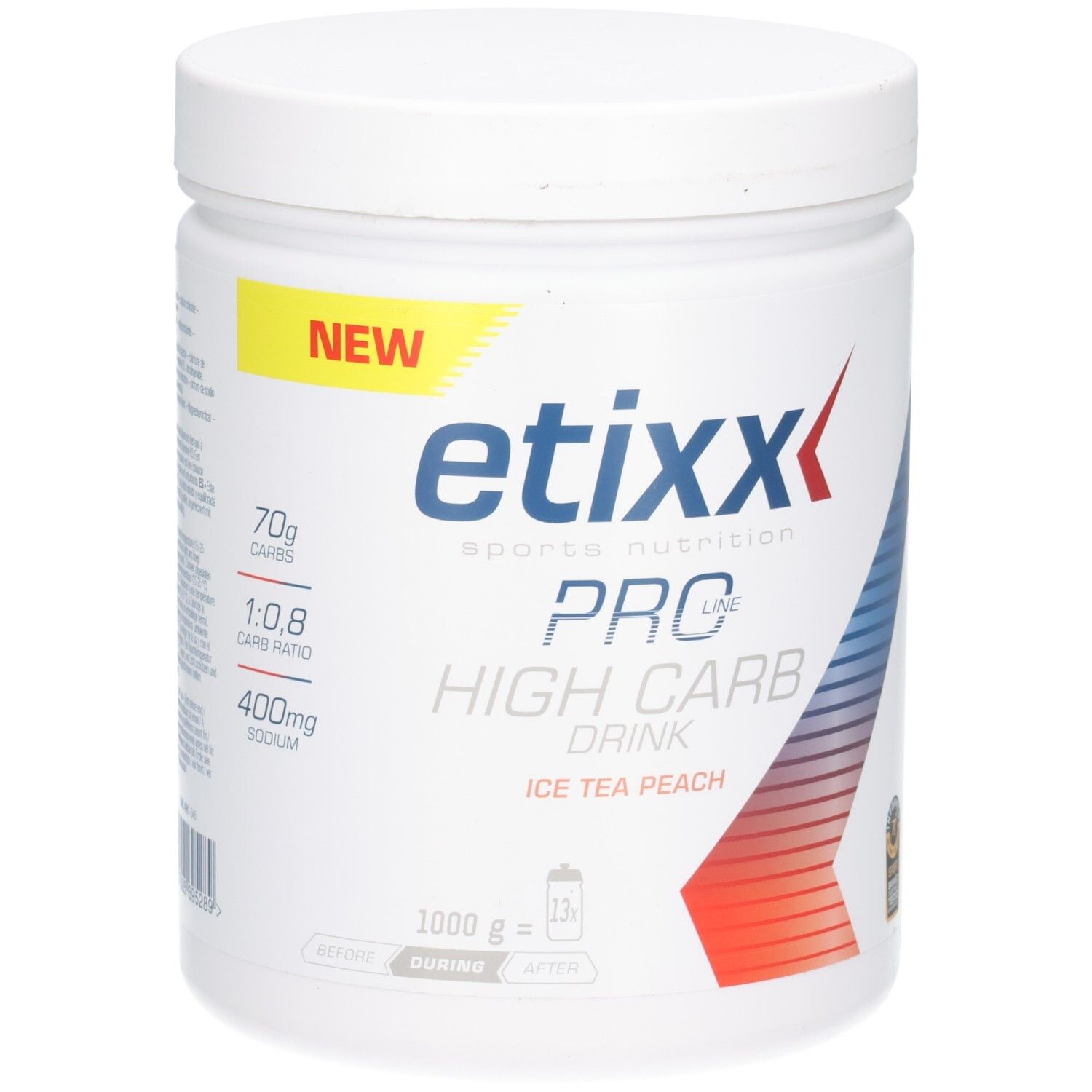 Weiße Dose mit Etixx Pro Line High Carb Drink Eistee Pfirsich. Aufschrift "NEW". Enthält 70g Kohlenhydrate, 1:0.8 Carb Ratio, 400mg Natrium.