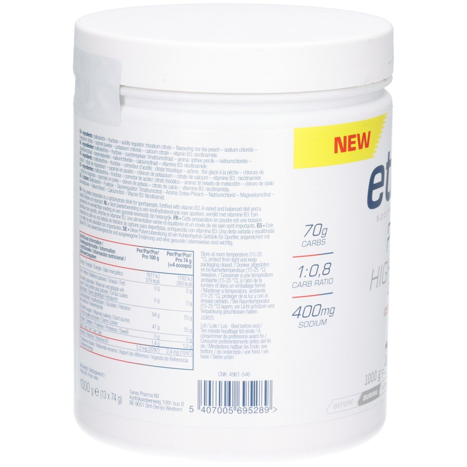 Rückseite der weißen Dose Etixx Pro Line High Carb Drink Eistee Pfirsich. Enthält Nährwertangaben und Zutatenlisten in verschiedenen Sprachen.