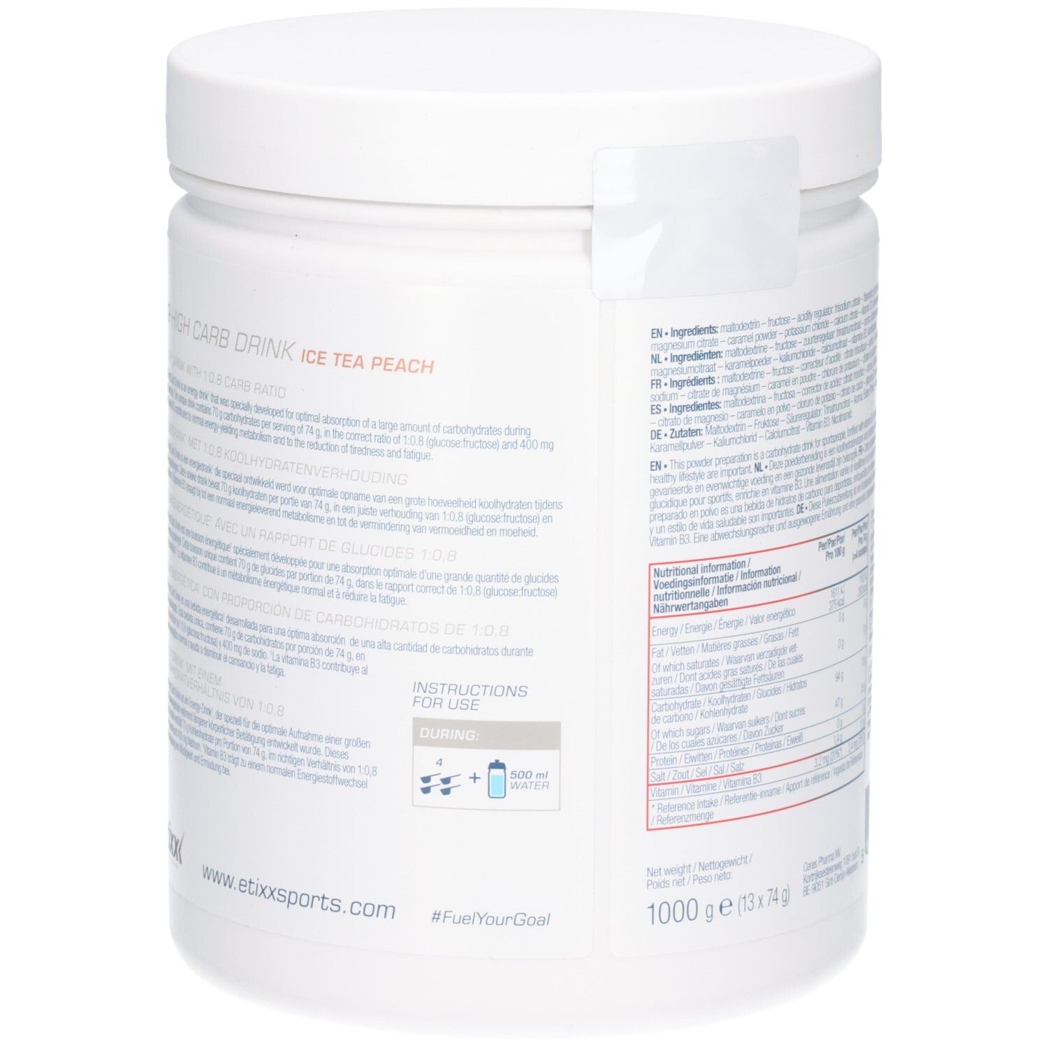 Rückseite der weißen Dose Etixx Pro Line High Carb Drink Eistee Pfirsich. Enthält Anweisungen zur Zubereitung und Nährwertangaben.