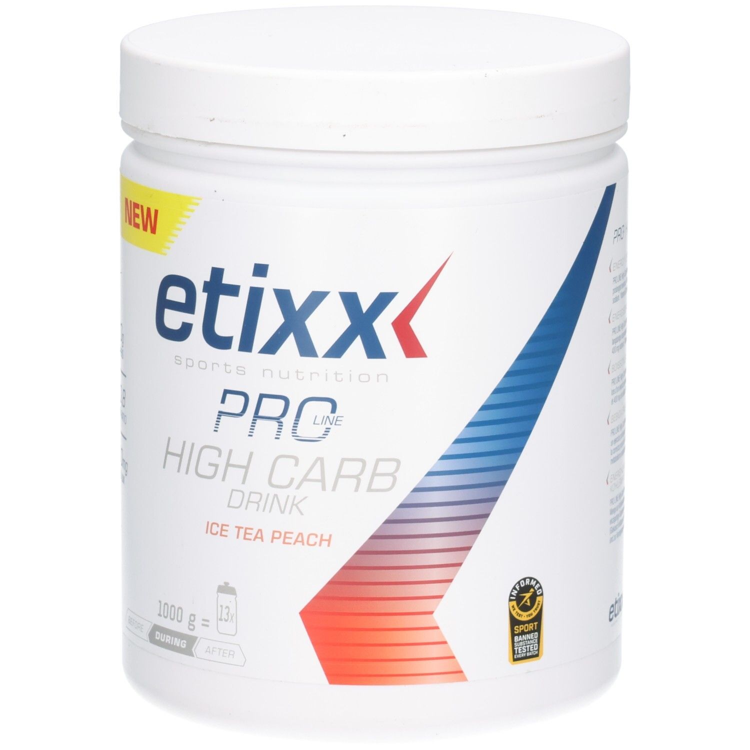 Weiße Dose Etixx Pro Line High Carb Drink Eistee Pfirsich. Aufschrift "NEW". Enthält 70g Kohlenhydrate, 1:0.8 Carb Ratio, 400mg Natrium. Mit Sport-Zertifizierung.