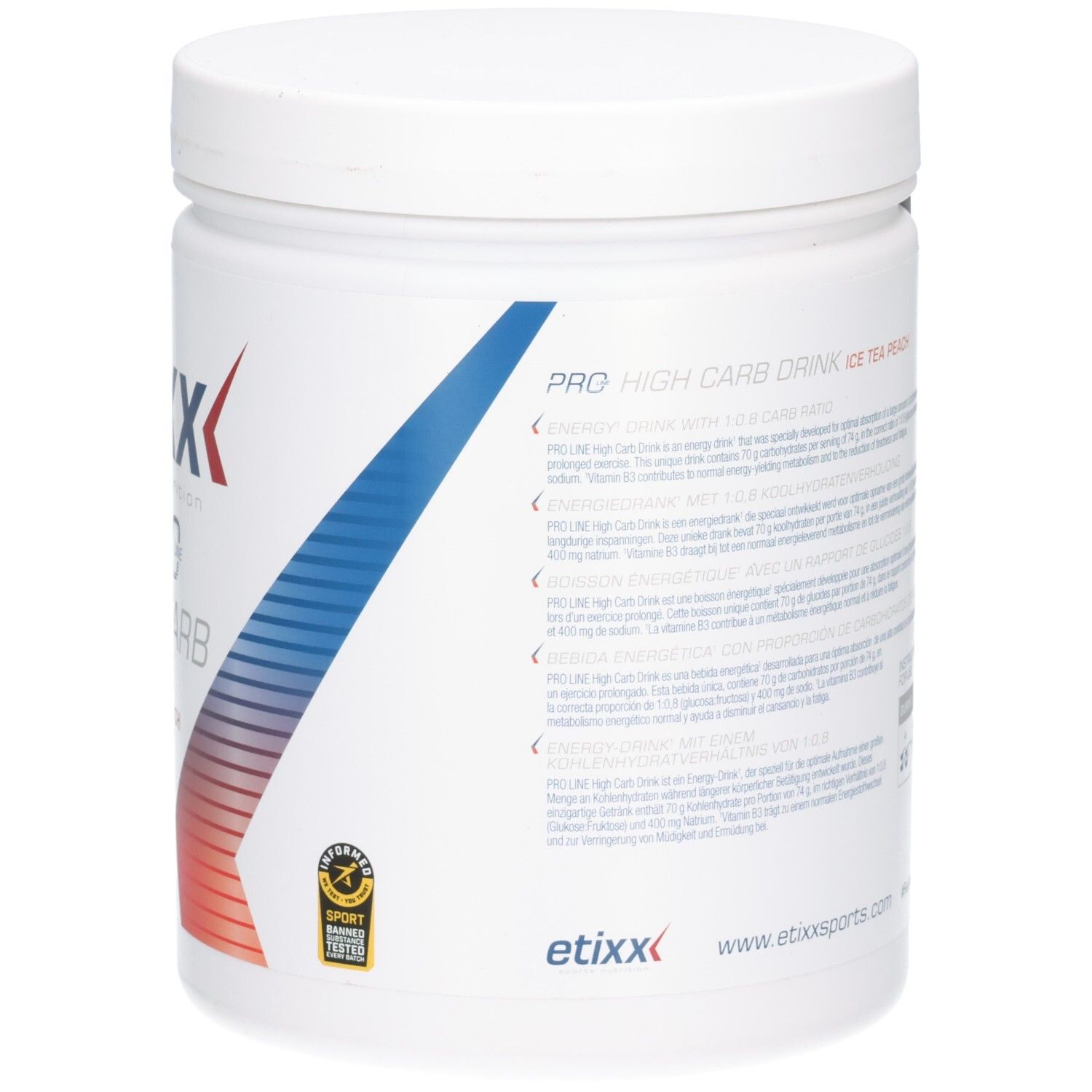 Rückseite der weißen Dose Etixx Pro Line High Carb Drink Eistee Pfirsich. Enthält Informationen zum Produkt und Sport-Zertifizierung.