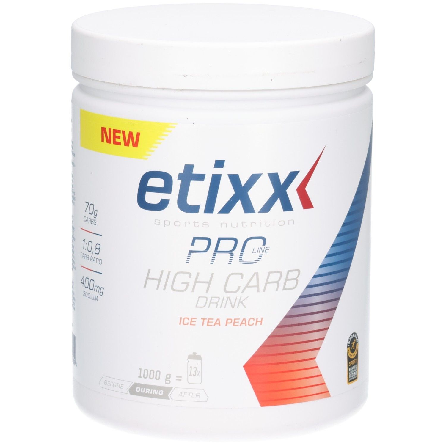 Weiße Dose Etixx Pro Line High Carb Drink Eistee Pfirsich. Aufschrift "NEW". Enthält 70g Kohlenhydrate, 1:0.8 Carb Ratio, 400mg Natrium. Mit Sport-Zertifizierung.