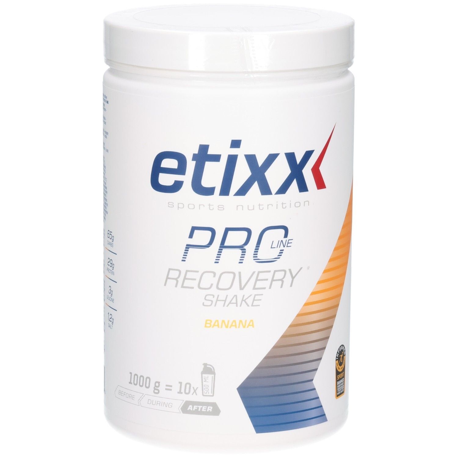Weiße Dose mit Etixx-Logo und Aufschrift 'Pro Line Recovery Shake Banana'. 1000g Inhalt. Mit Sport-Zertifizierung.