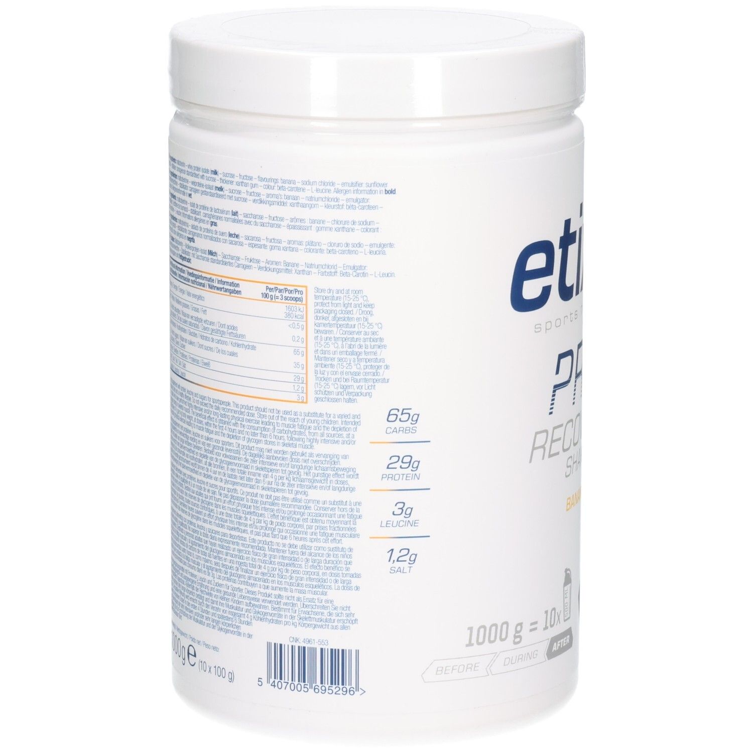 Rückseite der weißen Dose. Enthält Nährwertangaben und Zutatenliste. 1000g Inhalt. Mit Barcode.