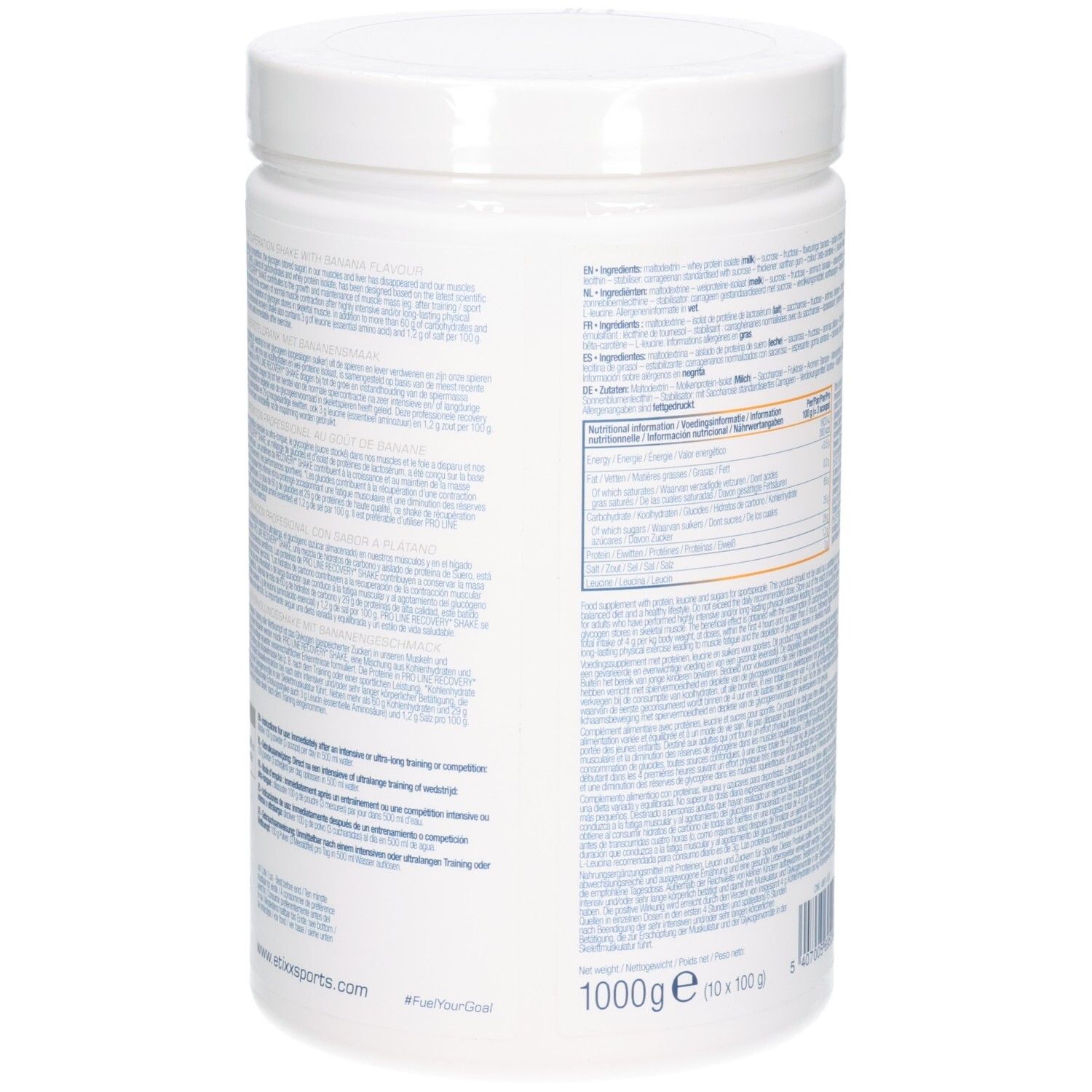 Rückseite der weißen Dose. Text mit Informationen zum Produkt. 1000g Inhalt. Mit Website-Adresse.