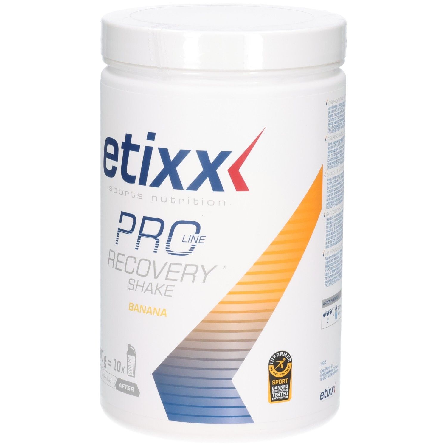 Weiße Dose mit Etixx-Logo und Aufschrift 'Pro Line Recovery Shake Banana'. 1000g Inhalt. Mit Sport-Zertifizierung.