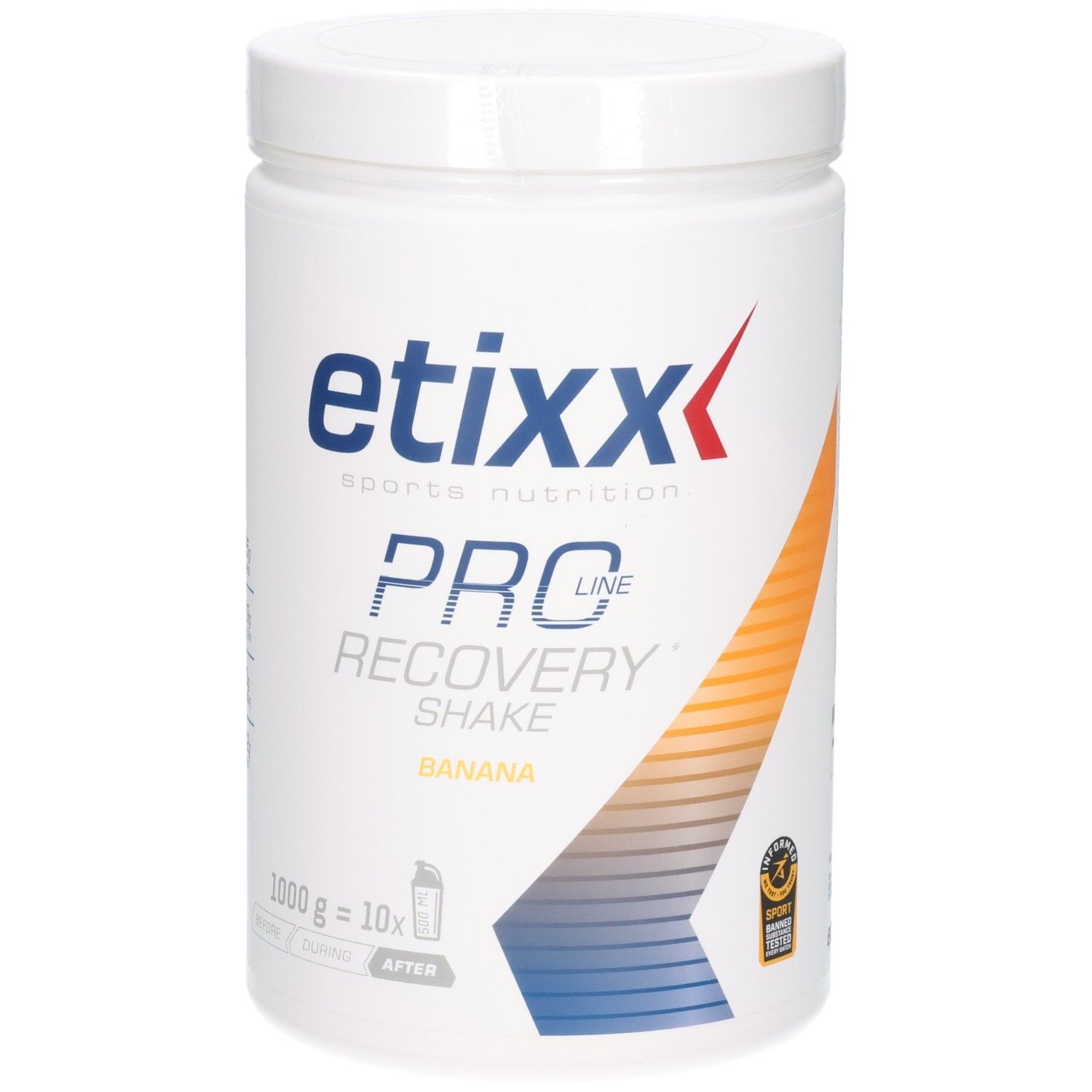 Weiße Dose mit Etixx-Logo und Aufschrift 'Pro Line Recovery Shake Banana'. 1000g Inhalt. Mit Sport-Zertifizierung.