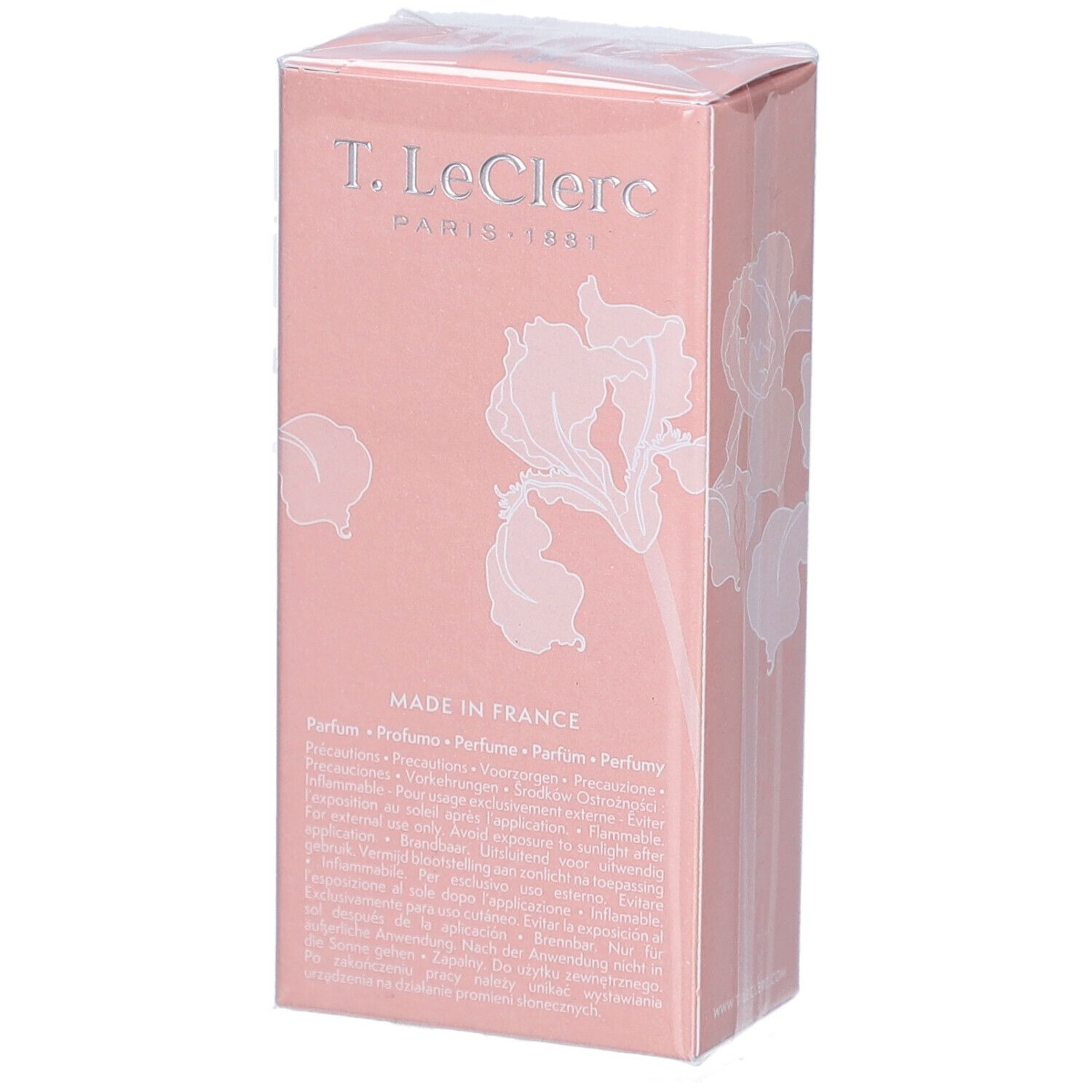 Rosa Kartonverpackung mit weißem Blumendekor. Text: Made in France, T. LeClerc.