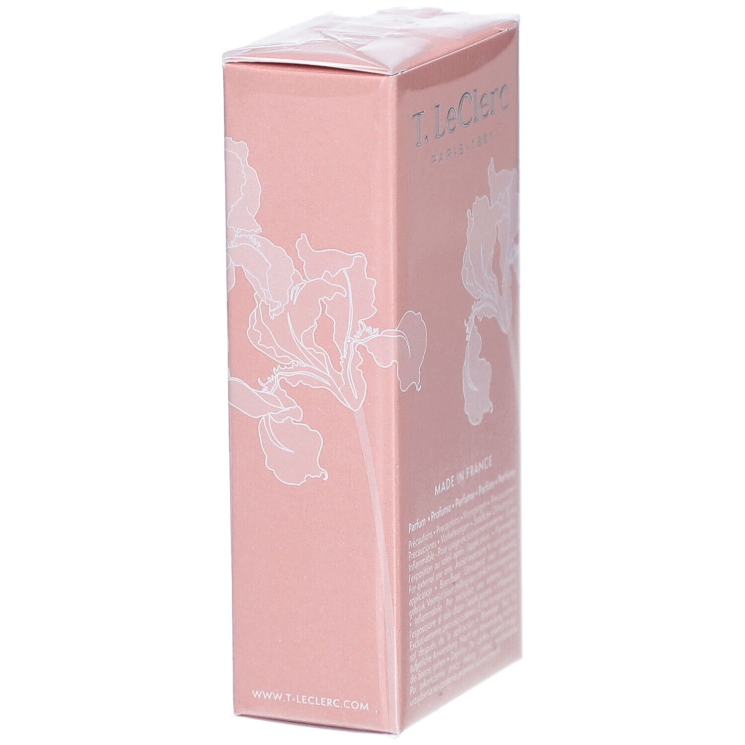 Rosa Kartonverpackung mit weißem Blumendekor. Text: Made in France, T. LeClerc.