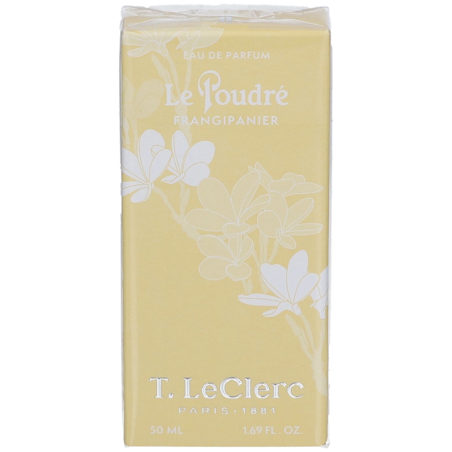 Gelbe Verpackung mit weißem Blumendekor. Aufschrift: Le Poudré Frangipanier, T. LeClerc, 50 ml, 1.69 fl. oz.