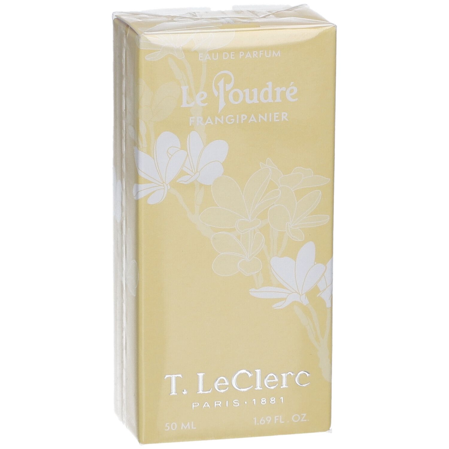 Gelbe Verpackung mit weißem Blumendekor. Aufschrift: Le Poudré Frangipanier, T. LeClerc, 50 ml, 1.69 fl. oz.