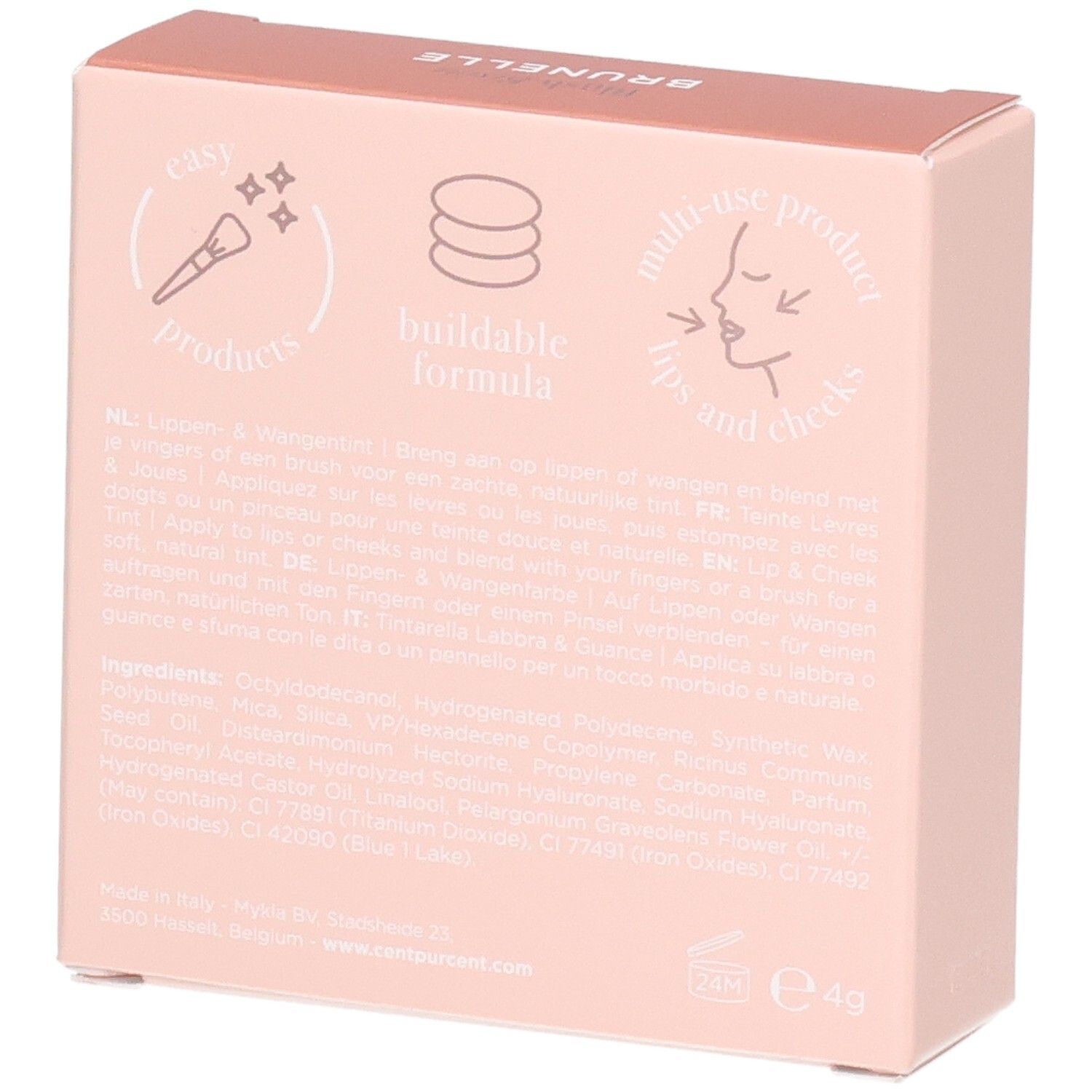 Rosa Verpackung mit Text und Symbolen für Lippenstift und Wangen.