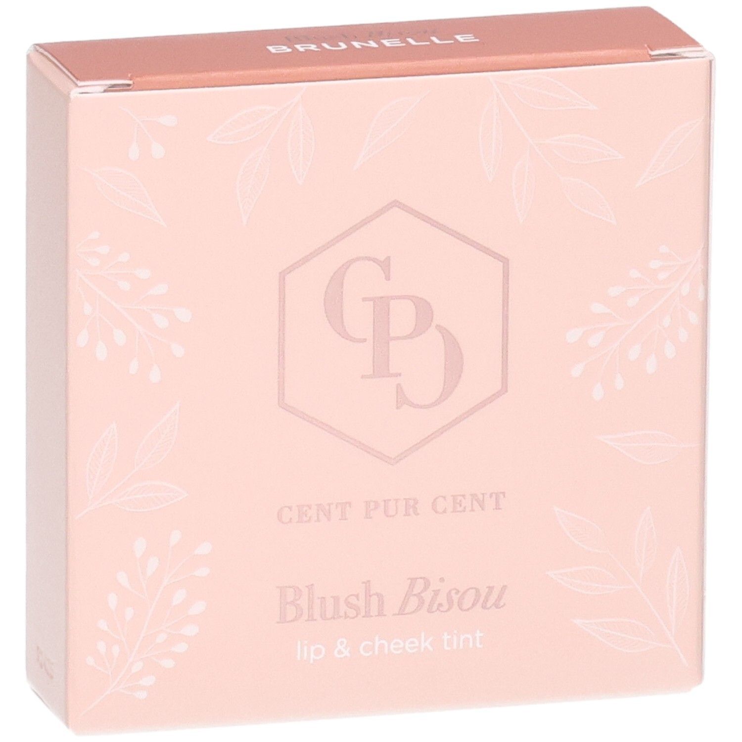 Verpackung für 'Blush Bisou' Lippen- und Wangenfarbe von CENT PUR CENT. Rosa mit floralem Muster.