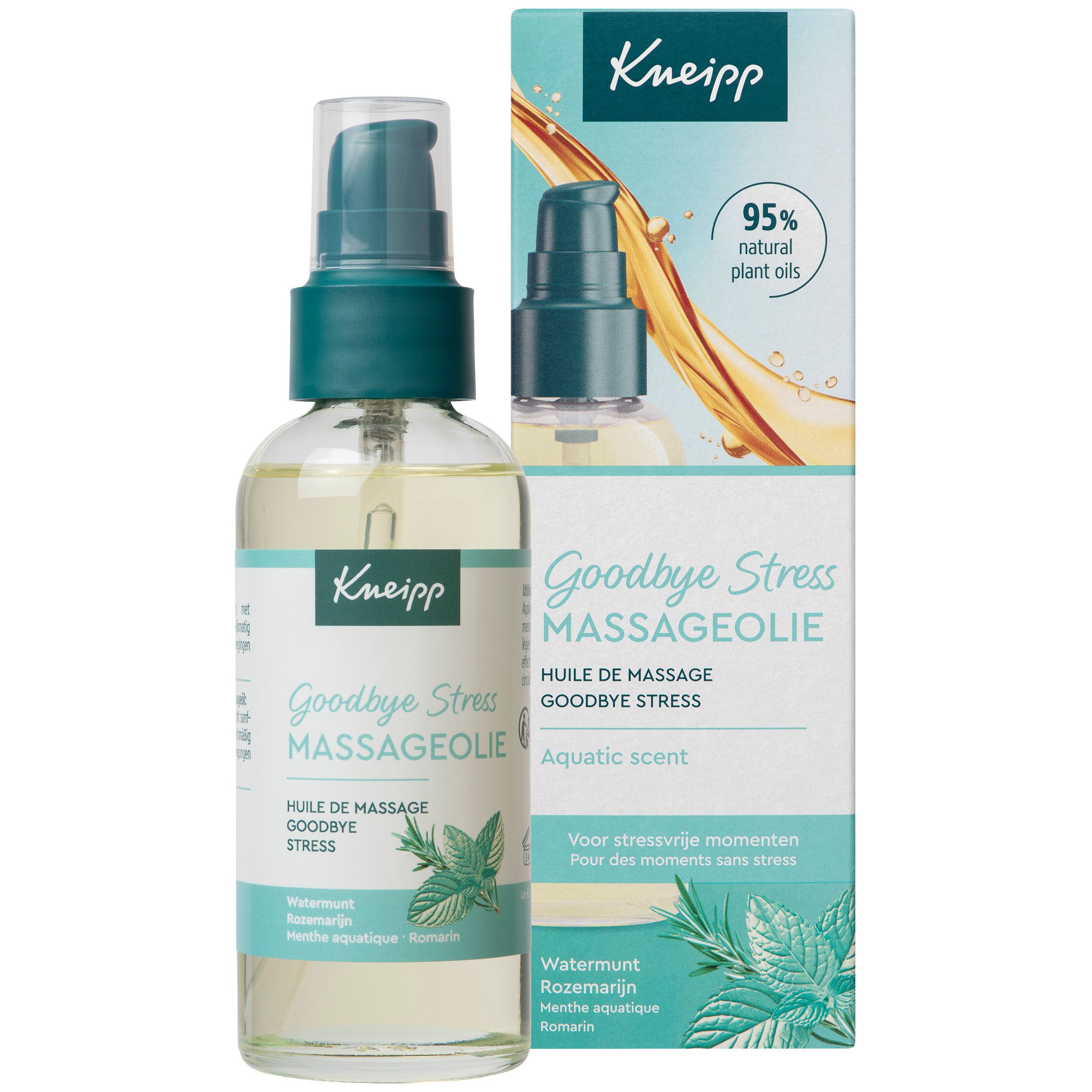 Kneipp Goodbye Stress huile de massage et emballage. Inscription : Goodbye Stress Massageolie. 95% huiles végétales naturelles.