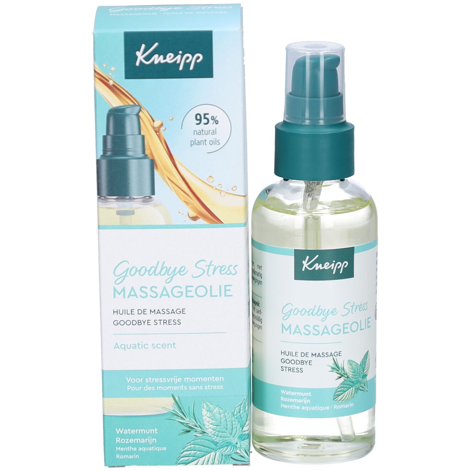 Massageöl-Flasche und Verpackung. Aufschrift: Kneipp Goodbye Stress Massageöl. 95% natürliche Pflanzenöle.
