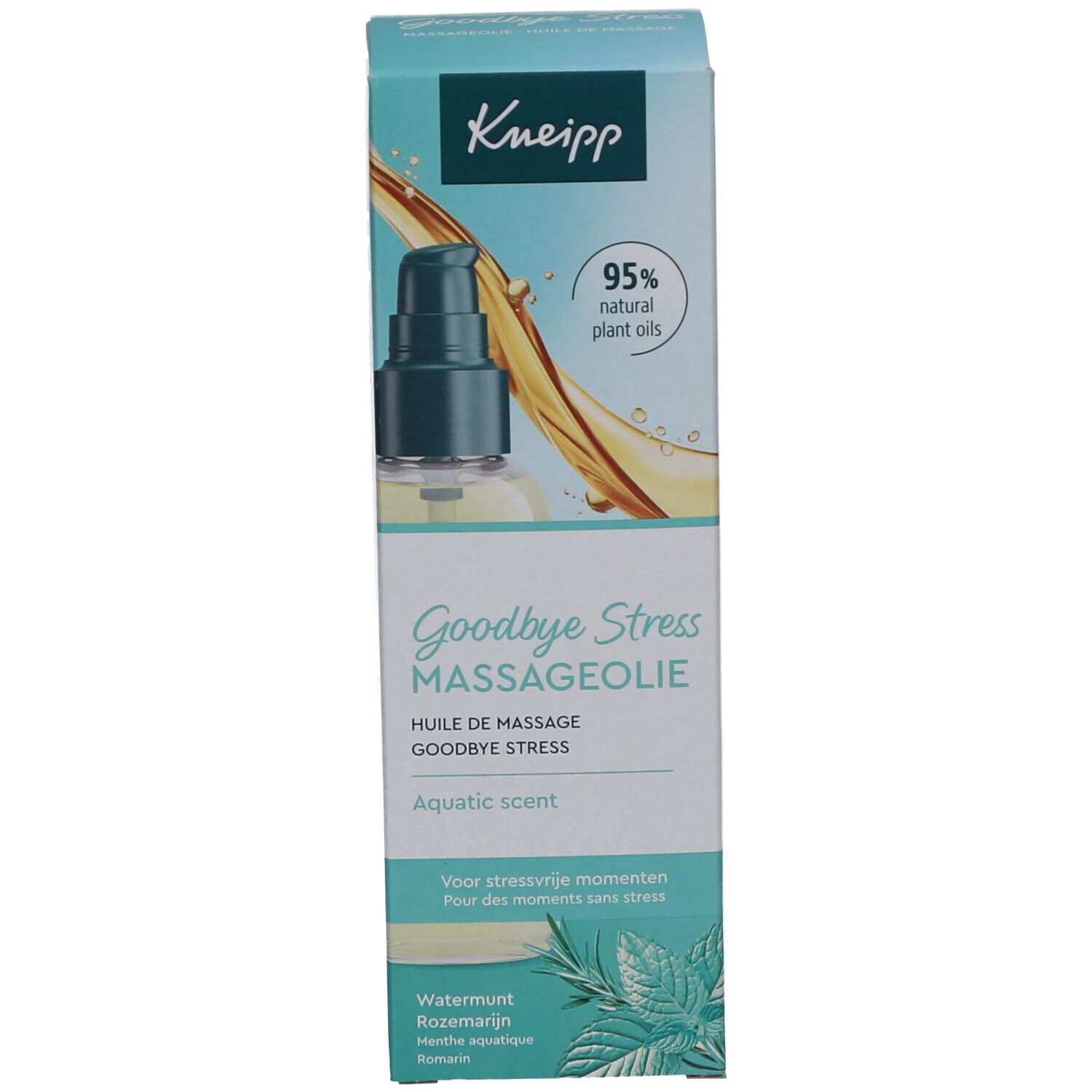 Massageöl-Flasche und Verpackung. Aufschrift: Kneipp Goodbye Stress Massageöl. 95% natürliche Pflanzenöle.