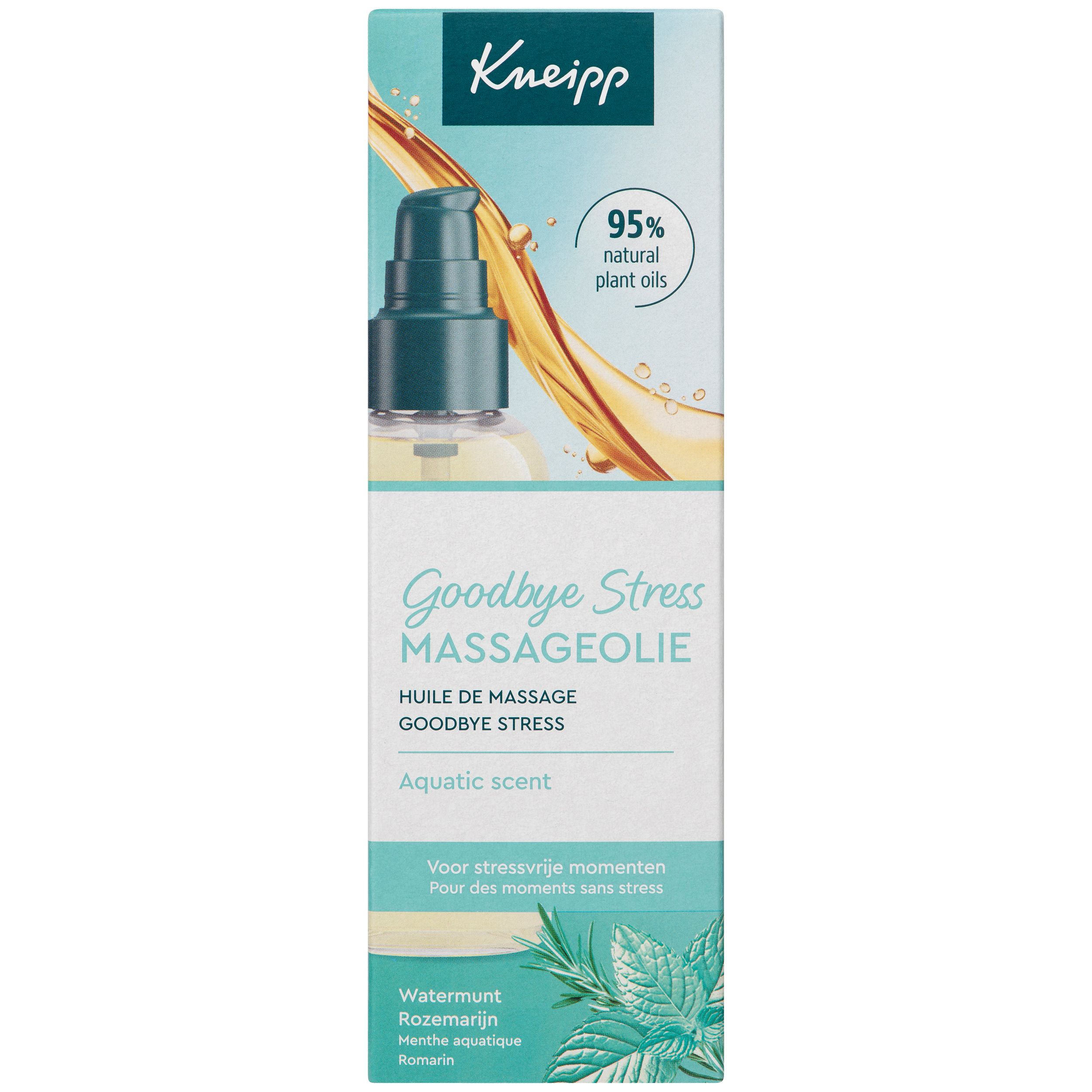 Flacon d'huile de massage et emballage. Inscription : Kneipp Goodbye Stress Massageolie. 95% huiles végétales naturelles.