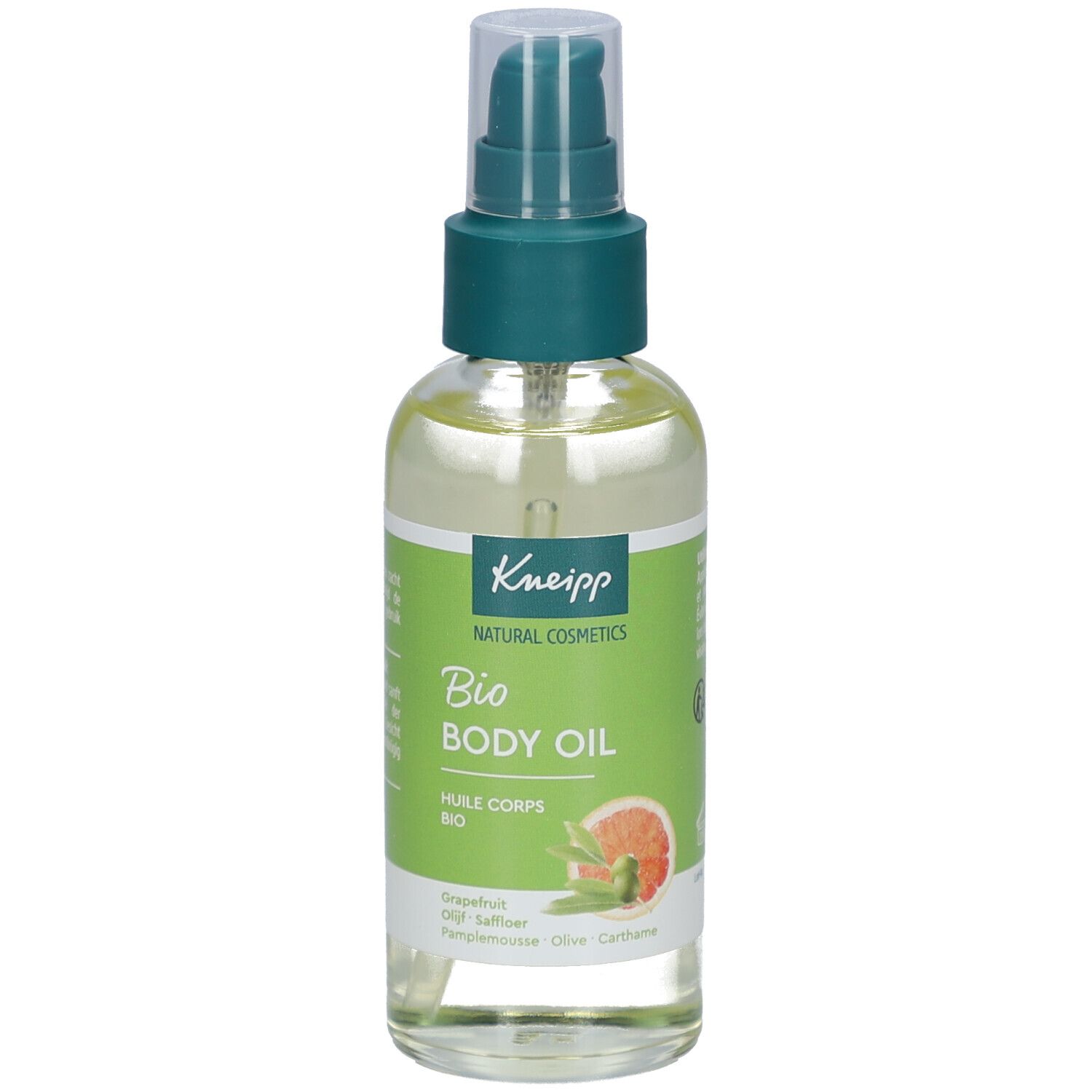 Kneipp Bio Body Oil. Grüne und transparente Flasche mit Sprühkopf. Etikett mit Produktname, Inhaltsstoffen und Grapefruit-Illustration.
