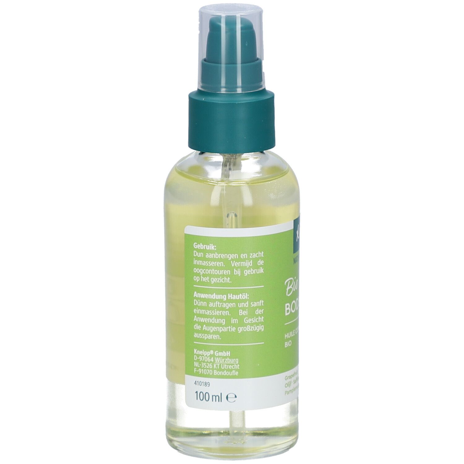 Rückseite der Kneipp Bio Body Oil Flasche. Etikett mit Produktinformationen, Anwendungshinweisen und Inhaltsstoffen.