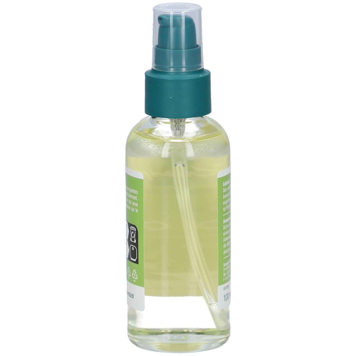 Seite der Kneipp Bio Body Oil Flasche. Etikett mit Produktinformationen und QR-Code.