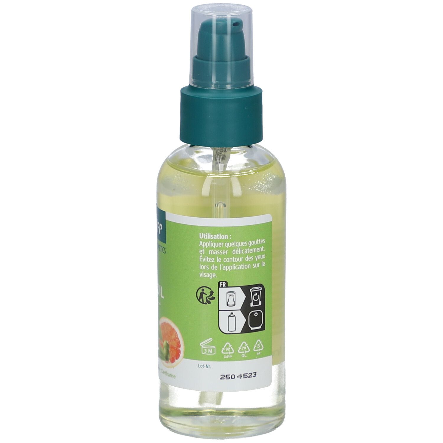 Rückseite der Kneipp Bio Body Oil Flasche. Etikett mit Anwendungshinweisen und Piktogrammen.