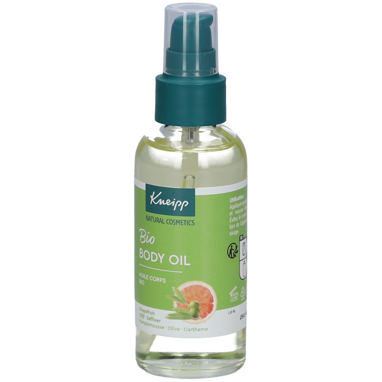 Kneipp Bio Body Oil. Grüne und transparente Flasche mit Sprühkopf. Etikett mit Produktname, Inhaltsstoffen und Grapefruit-Illustration.