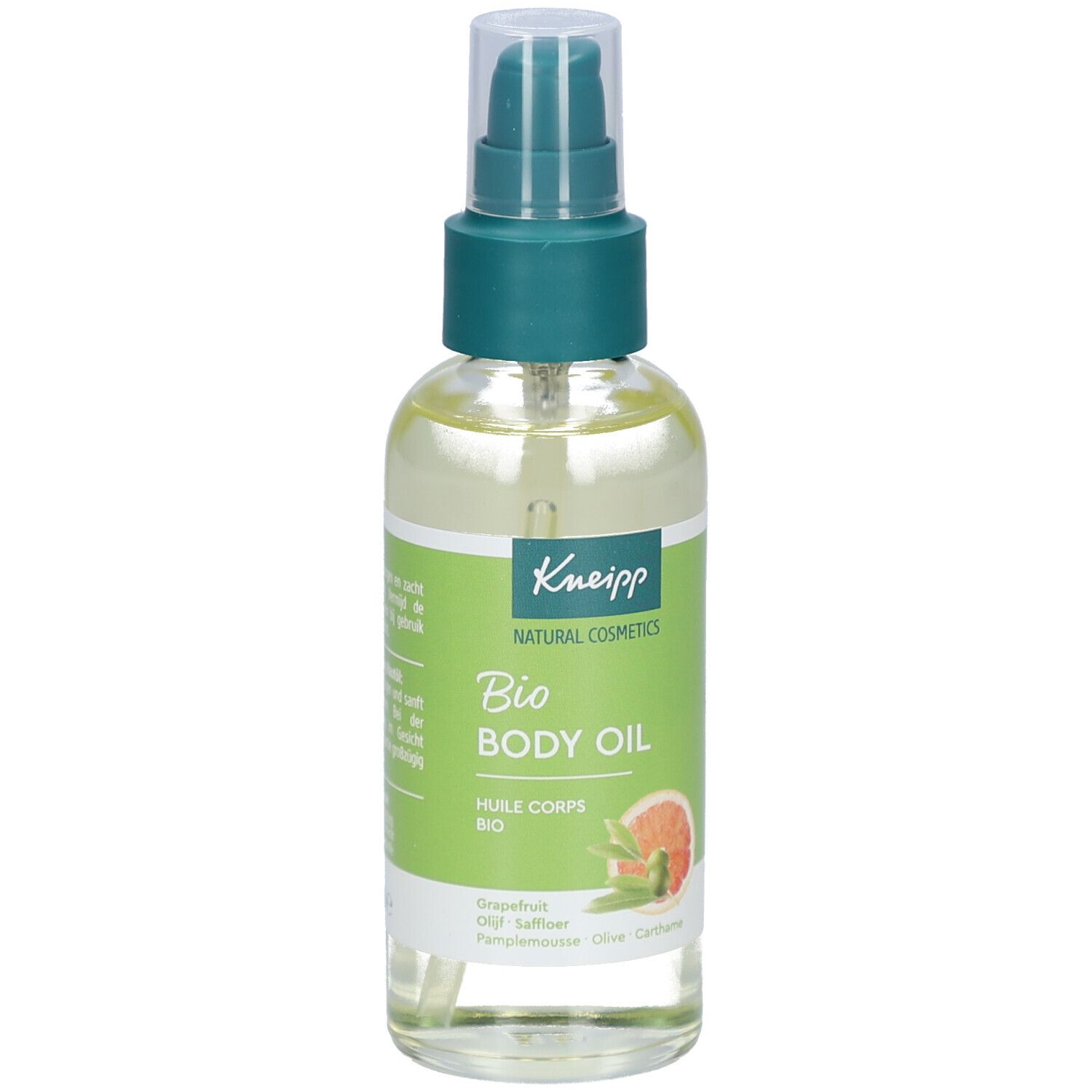 Kneipp Bio Body Oil. Grüne und transparente Flasche mit Sprühkopf. Etikett mit Produktname, Inhaltsstoffen und Grapefruit-Illustration.