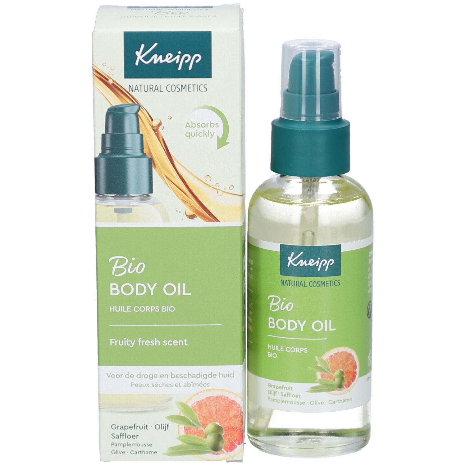 Kneipp Bio Body Oil Flasche und Verpackung. Flasche mit Sprühkopf, Verpackung mit Produktname und Illustration.