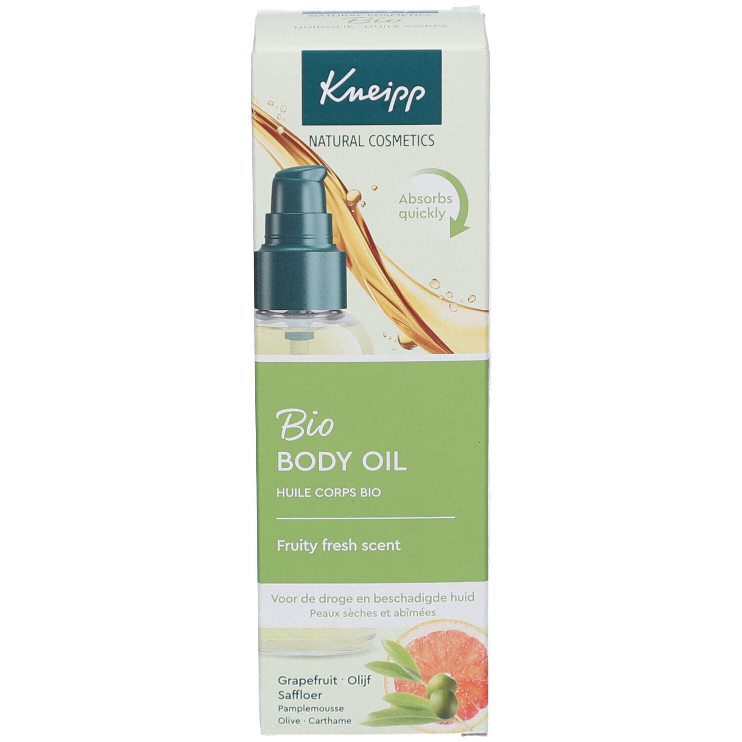 Kneipp Bio Body Oil Flasche und Verpackung. Flasche mit Sprühkopf, Verpackung mit Produktname und Illustration.