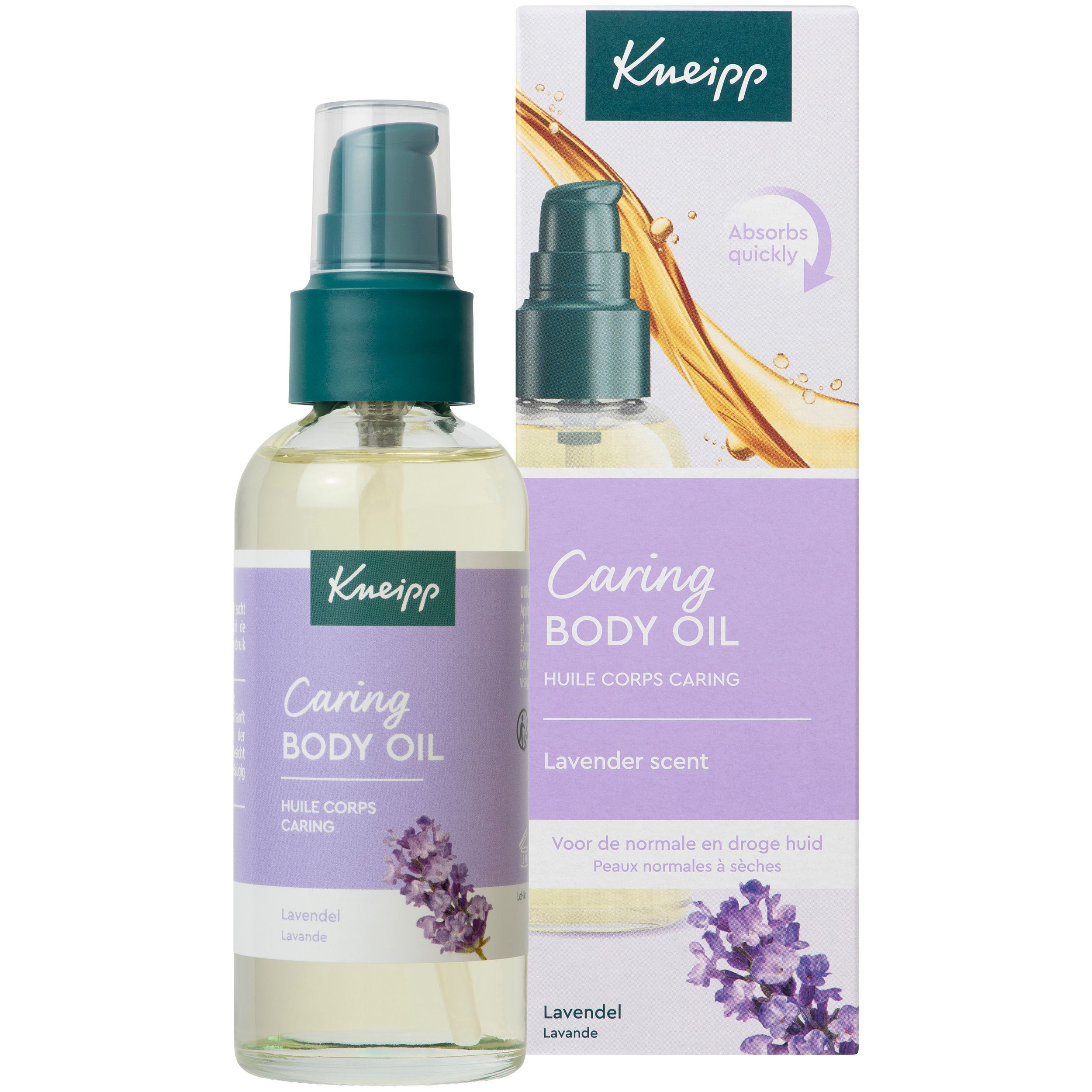 Flacon et emballage Kneipp Caring Body Oil. Étiquette violette, illustration de lavande. Texte et logo.