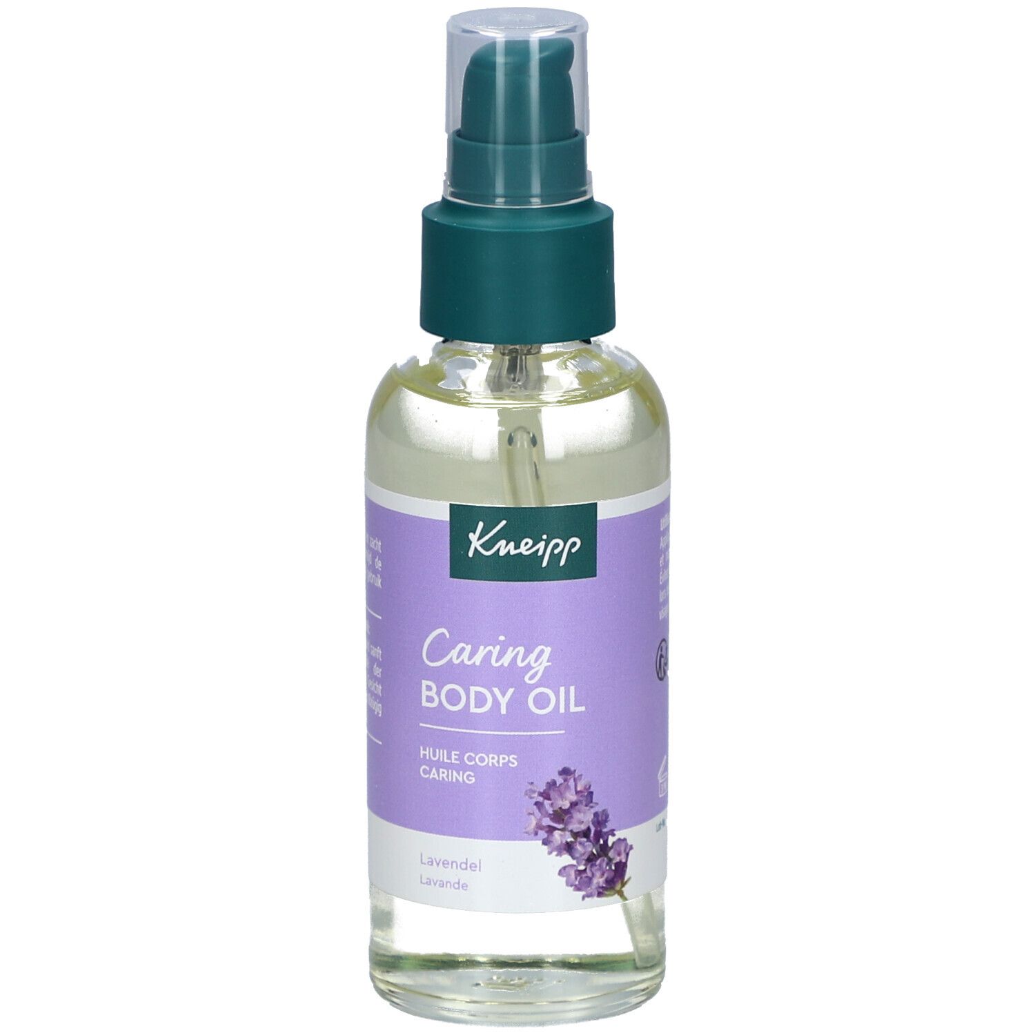 Kneipp Caring Body Oil Flasche. Mit Pumpe, lila Etikett, Lavendel-Illustration. Klarer Inhalt.