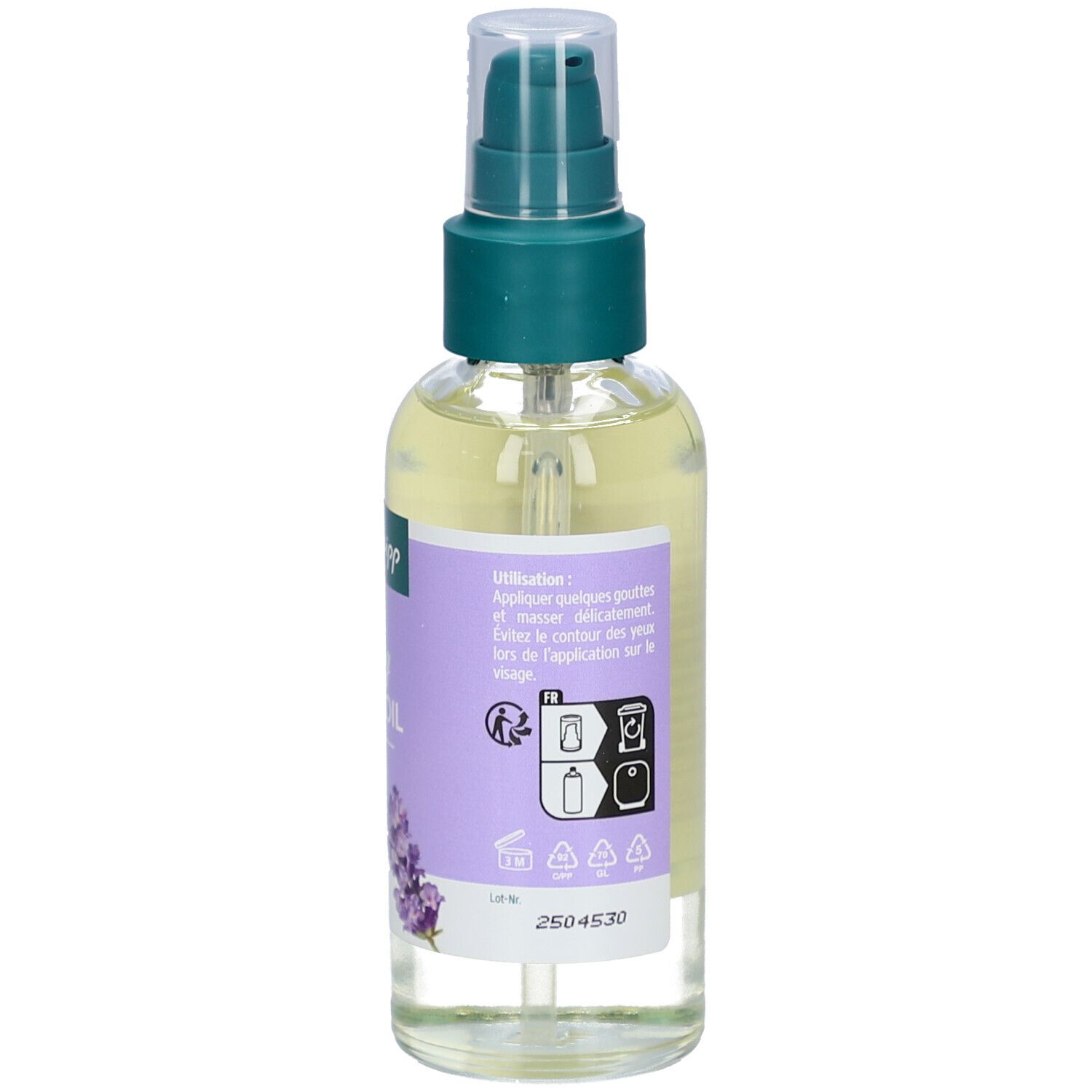 Rückseite der Kneipp Caring Body Oil Flasche. Anwendungshinweise und Symbole. Lila Etikett.