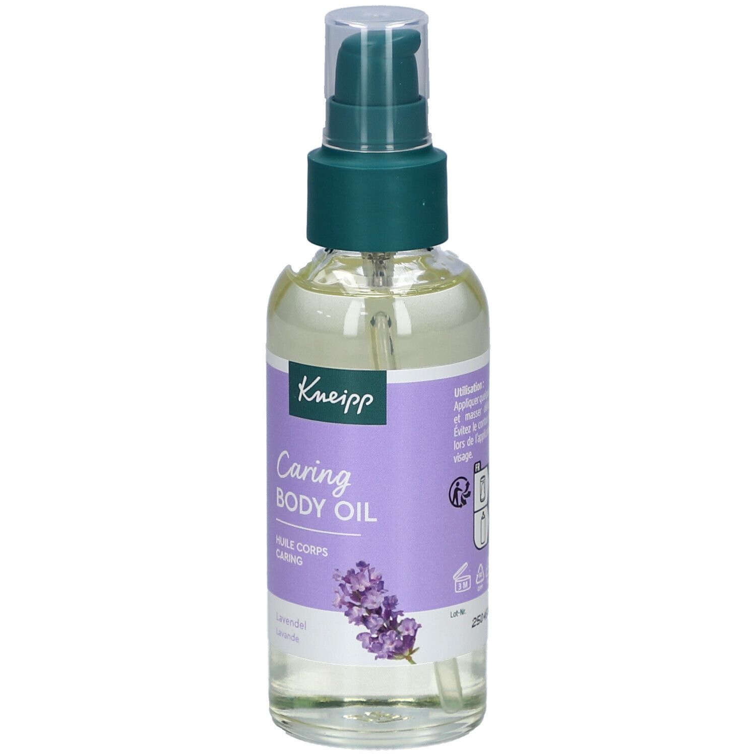 Kneipp Caring Body Oil Flasche. Mit Pumpe, lila Etikett, Lavendel-Illustration. Klarer Inhalt.