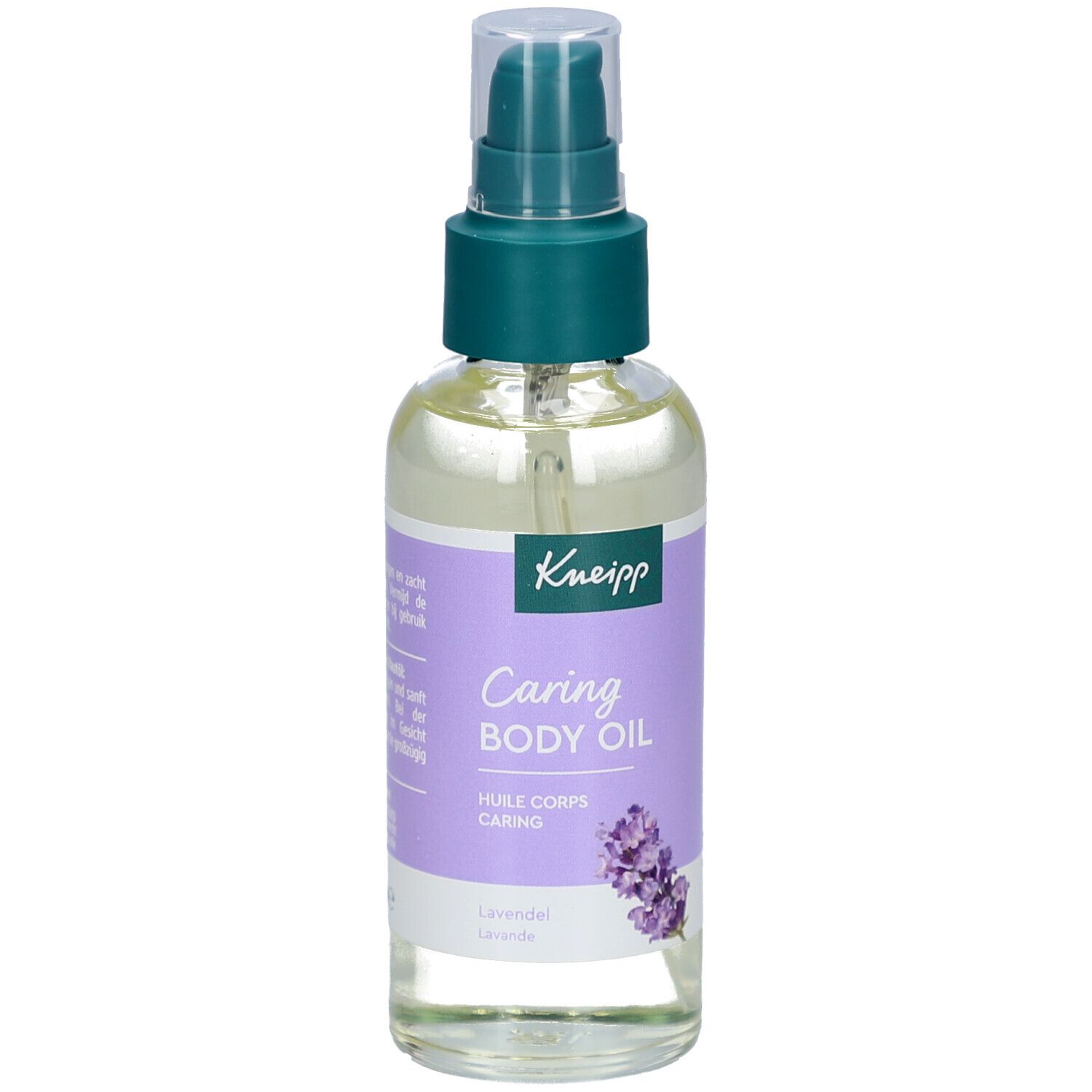 Kneipp Caring Body Oil Flasche. Mit Pumpe, lila Etikett, Lavendel-Illustration. Klarer Inhalt.