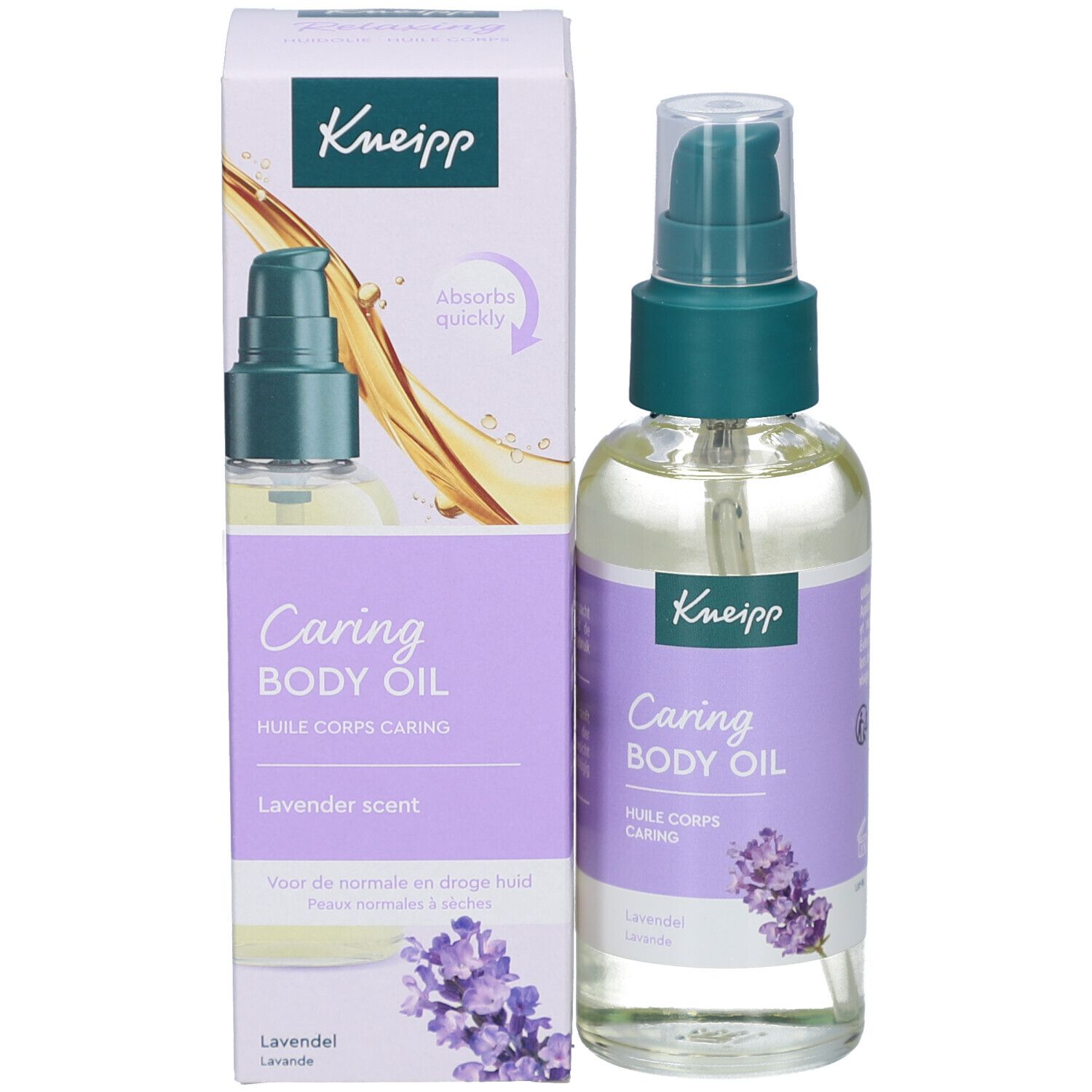 Kneipp Caring Body Oil Flasche und Verpackung. Lila Etikett, Lavendel-Illustration. Text und Logo.