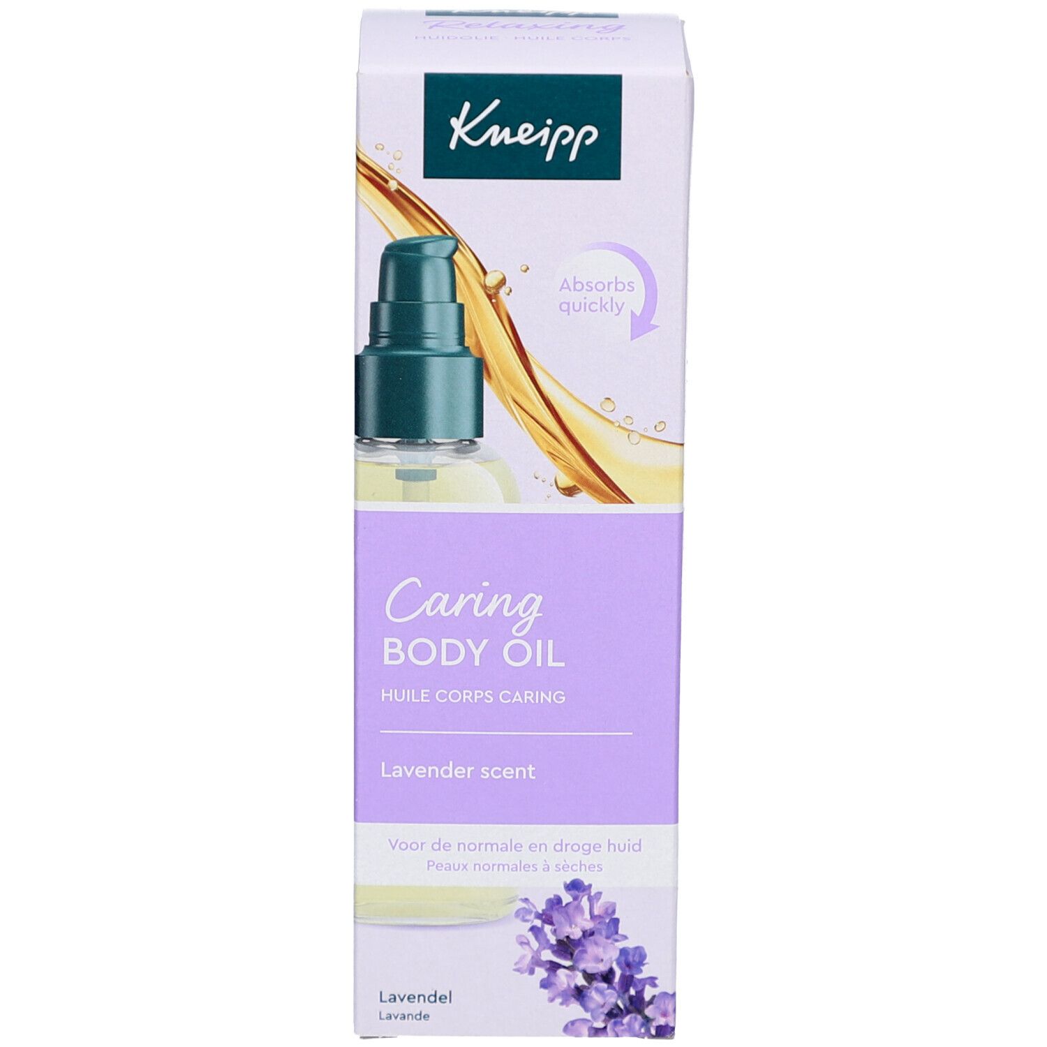 Kneipp Caring Body Oil Verpackung. Lila Etikett, Lavendel-Illustration. Text und Logo.